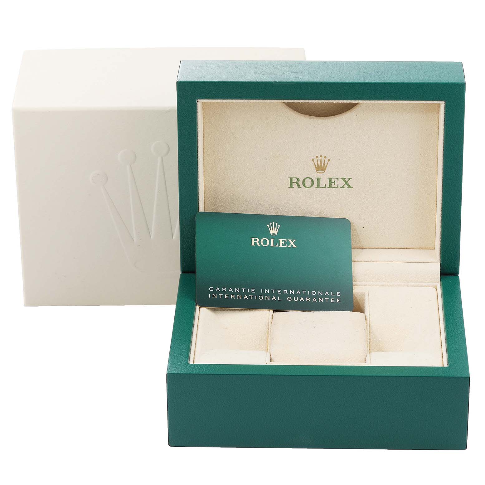 This image shows the packaging, box, and warranty card for a Rolex Oyster Perpetual 126000 Men's Stainless Steel Silver Dial 126000 Men's Stainless Steel Silver Dial watch, angled slightly from the front.