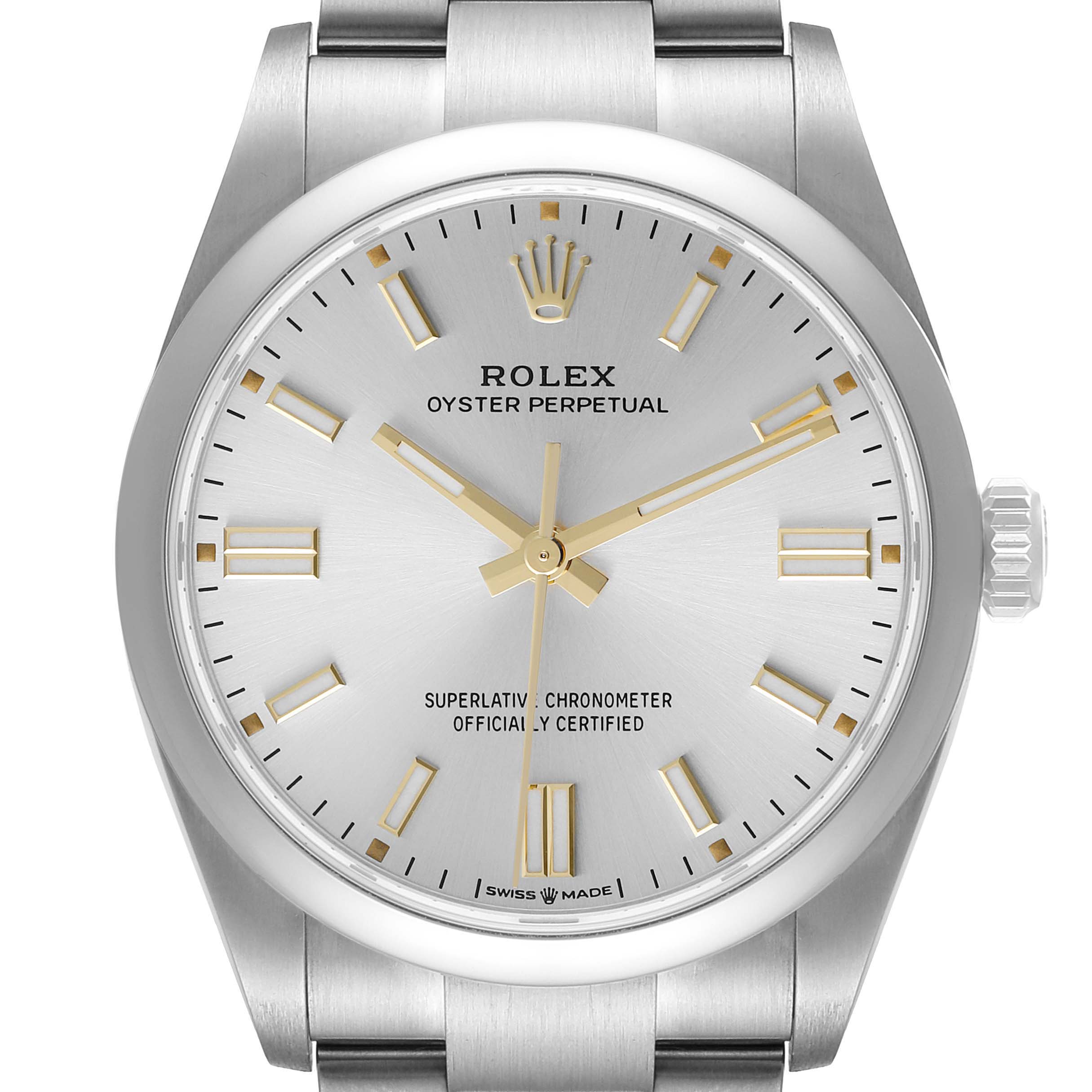 The image shows a front view of a Rolex Oyster Perpetual 126000 Men's Stainless Steel Silver Dial 126000 Men's Stainless Steel Silver Dial watch, highlighting its silver dial, bezel, hour markers, and mesh bracelet.