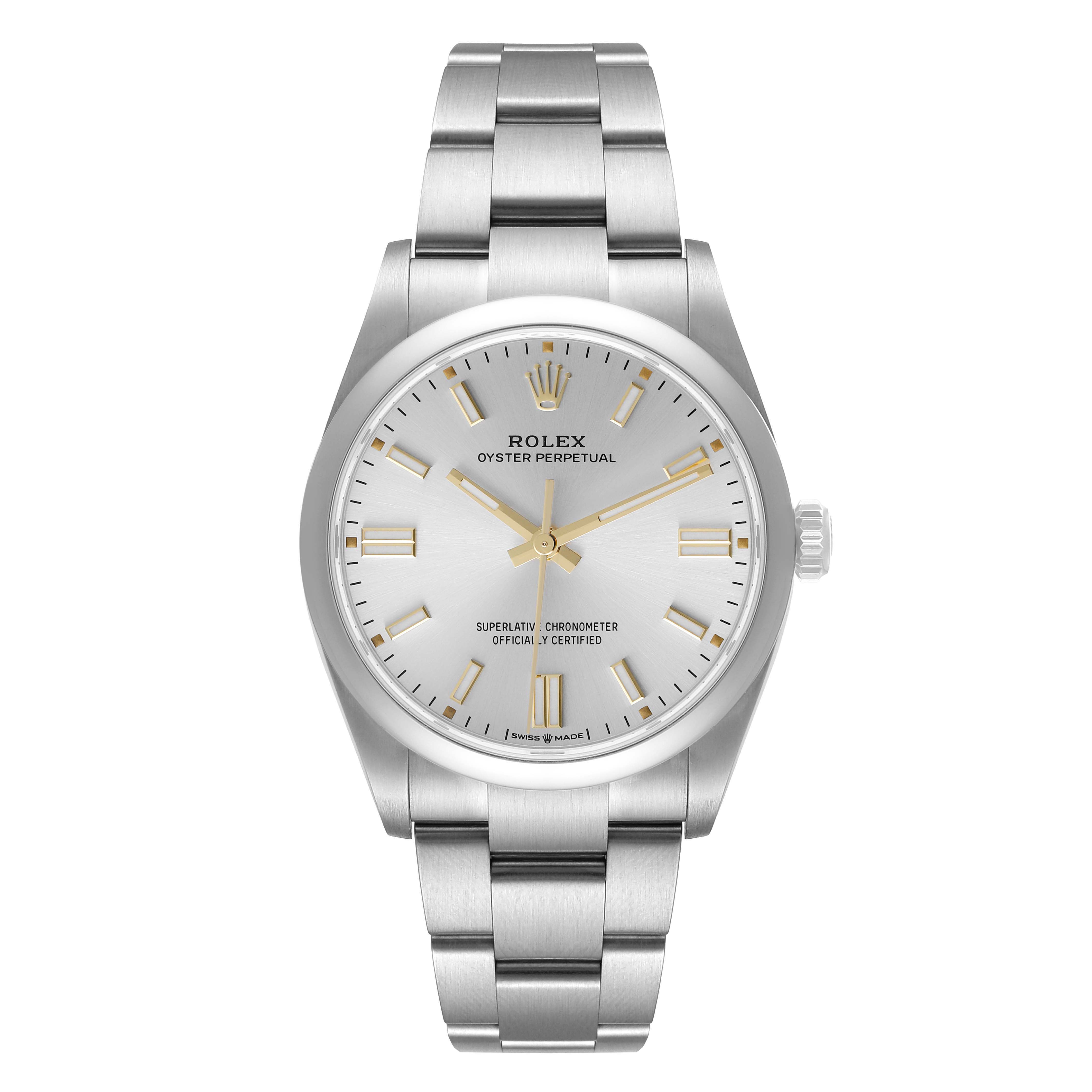 This image shows a front view of a Rolex Oyster Perpetual 126000 Men's Stainless Steel Silver Dial 126000 Men's Stainless Steel Silver Dial watch, displaying the face, bezel, and bracelet.