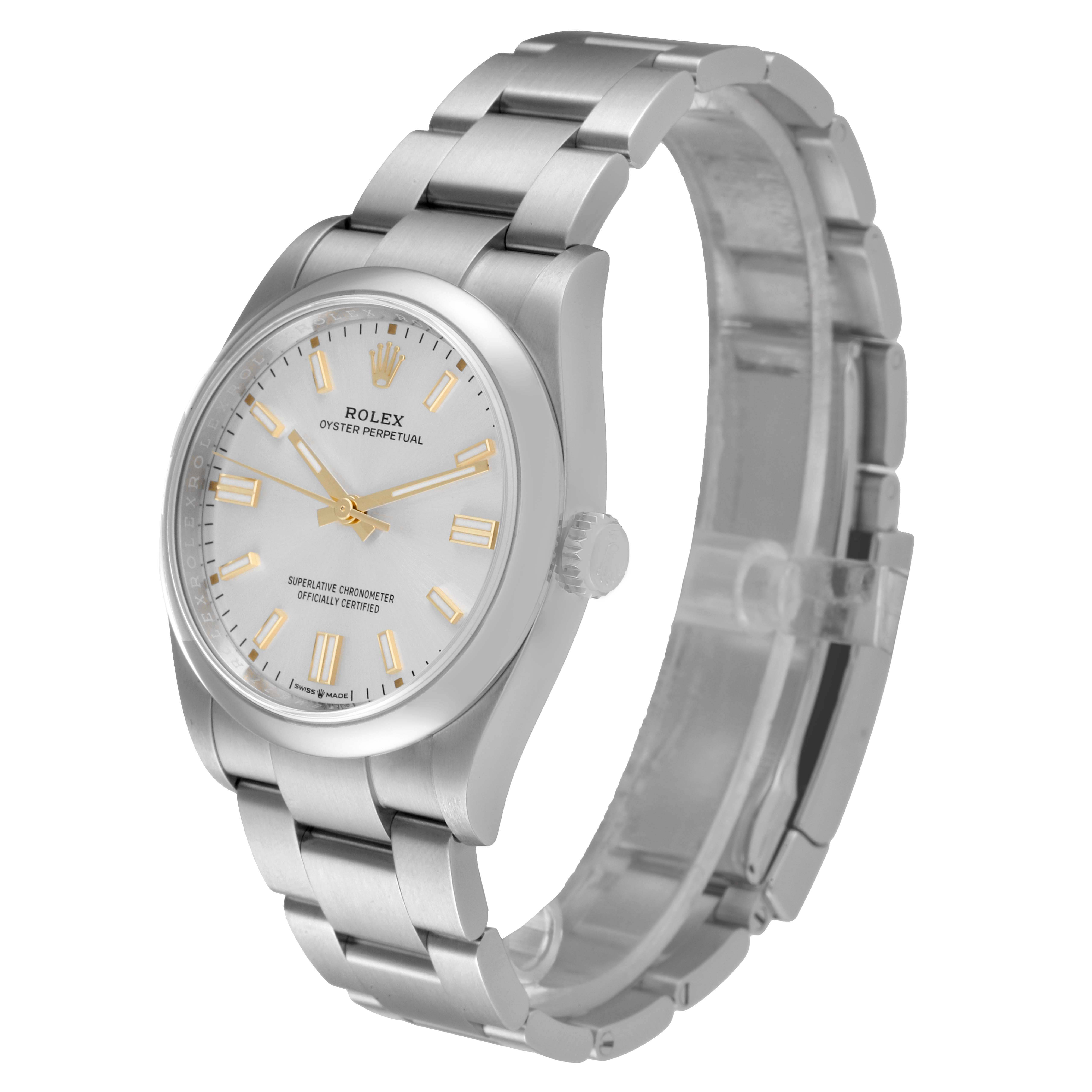 The Rolex Oyster Perpetual 126000 Men's Stainless Steel Silver Dial 126000 Men's Stainless Steel Silver Dial watch is shown at a three-quarter angle, displaying the face, bezel, and stainless steel bracelet.