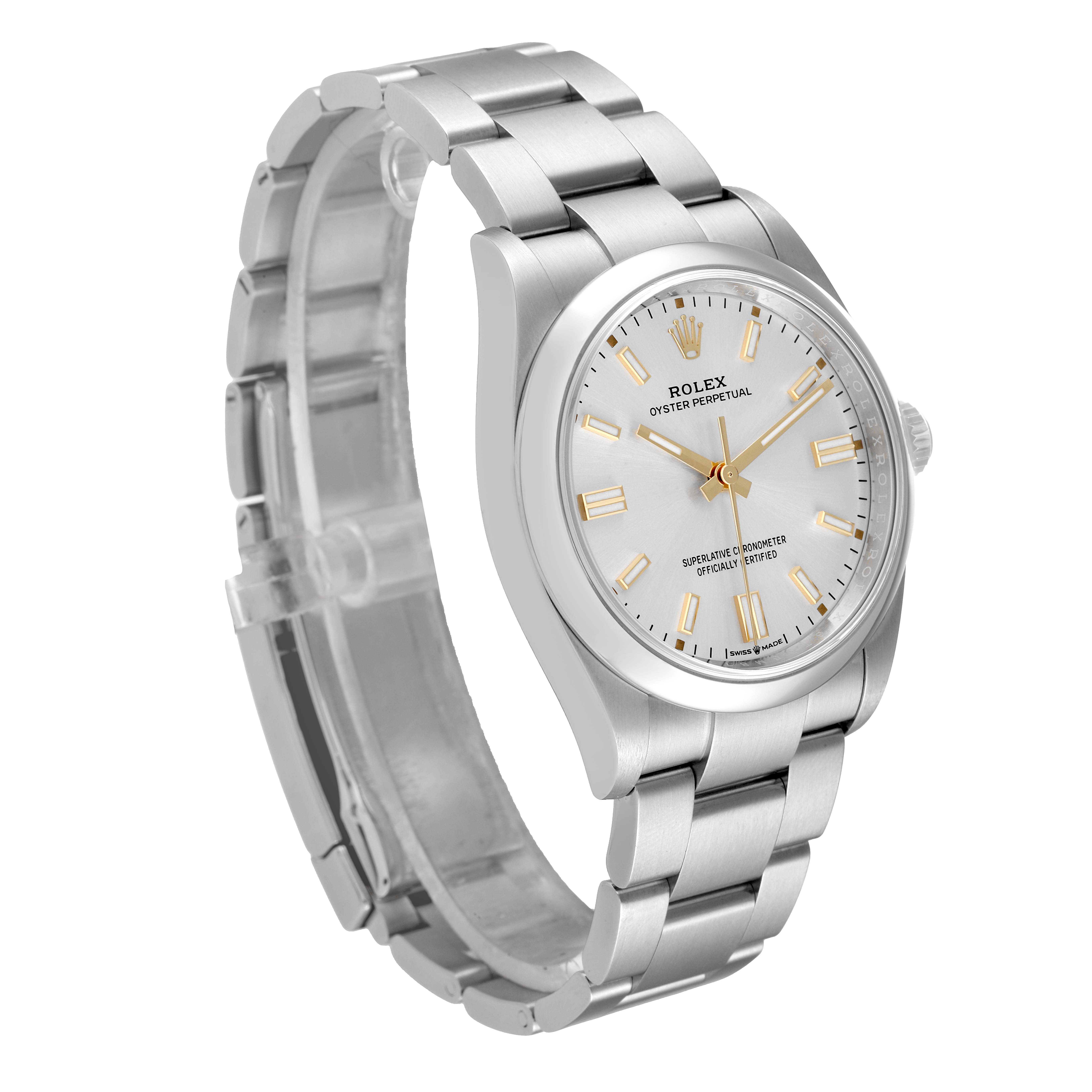 This Rolex Oyster Perpetual 126000 Men's Stainless Steel Silver Dial 126000 Men's Stainless Steel Silver Dial watch is shown at a three-quarter angle, displaying the face, bezel, and part of the bracelet.