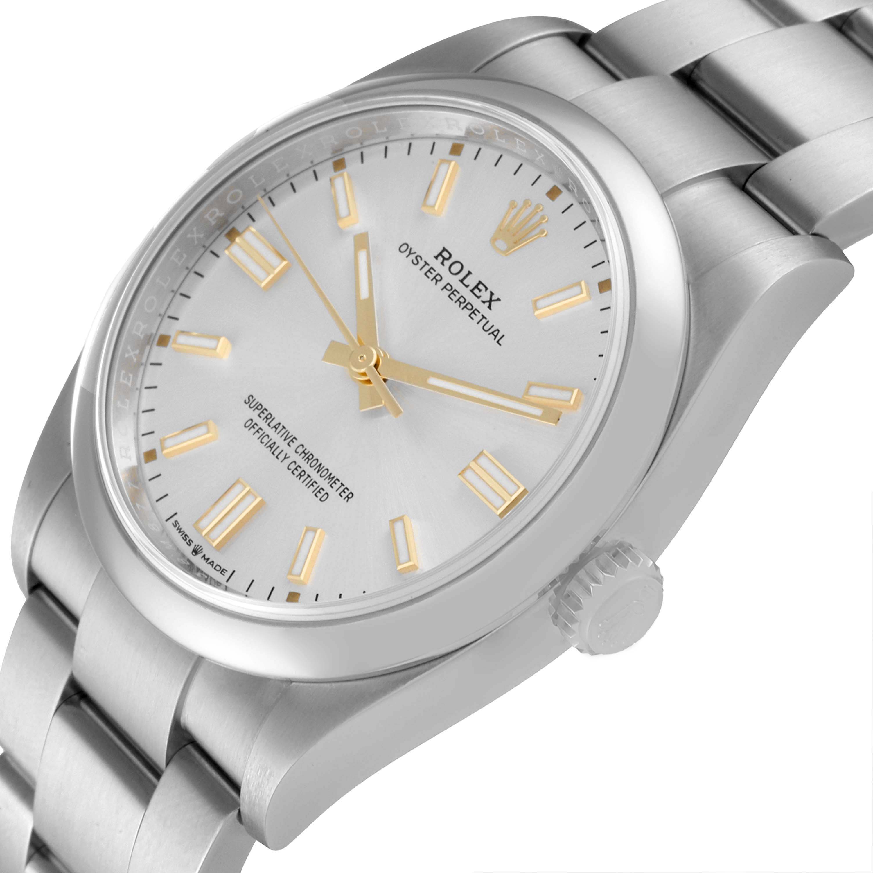 The image shows a close-up angled view of a Rolex Oyster Perpetual 126000 Men's Stainless Steel Silver Dial 126000 Men's Stainless Steel Silver Dial watch, highlighting the dial and part of the bracelet.