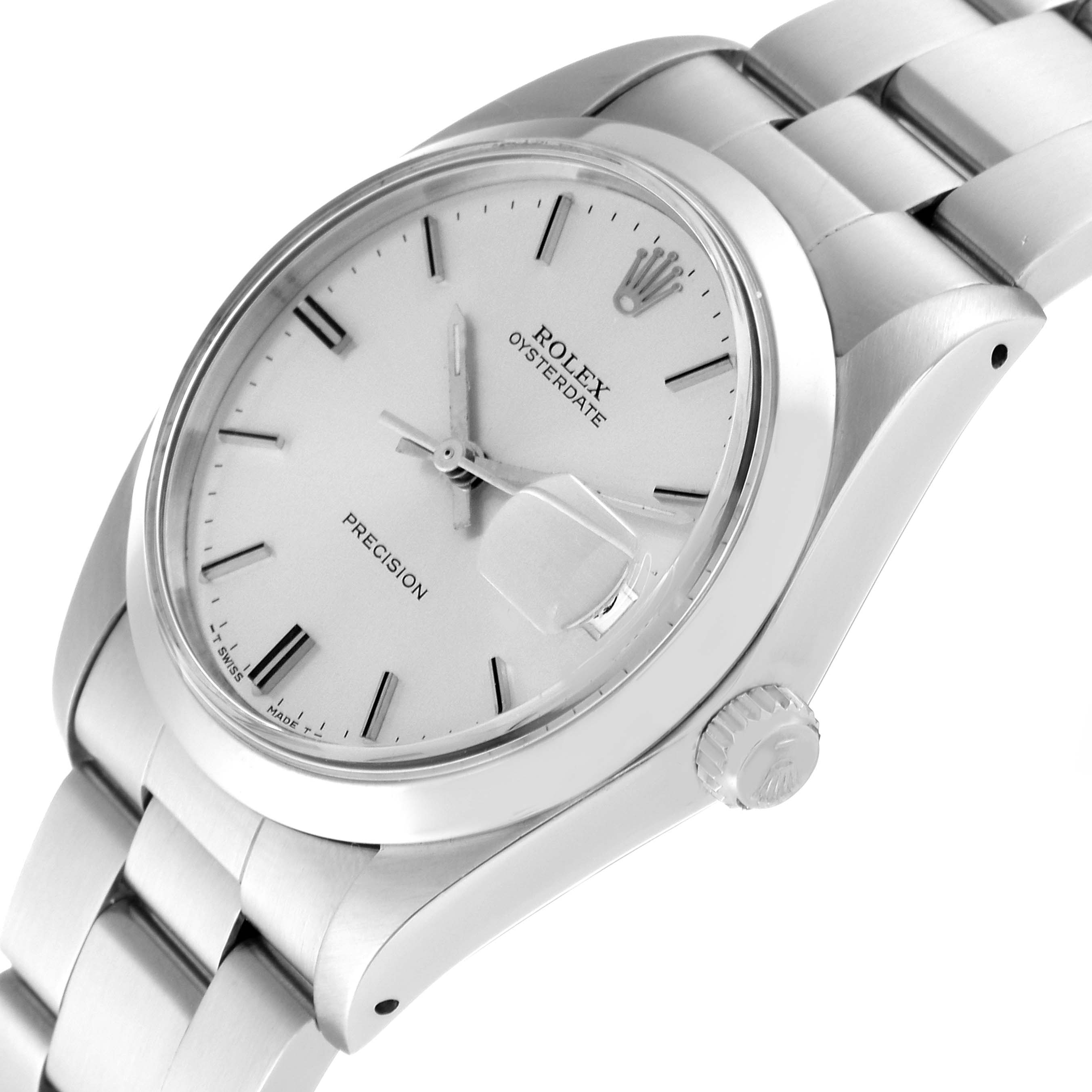 The image shows a Rolex Vintage Collection 6694 Men's Stainless Steel Silver Dial 6694 Men's Stainless Steel Silver Dial Oysterdate watch captured at an angle highlighting the dial, crown, and bracelet.