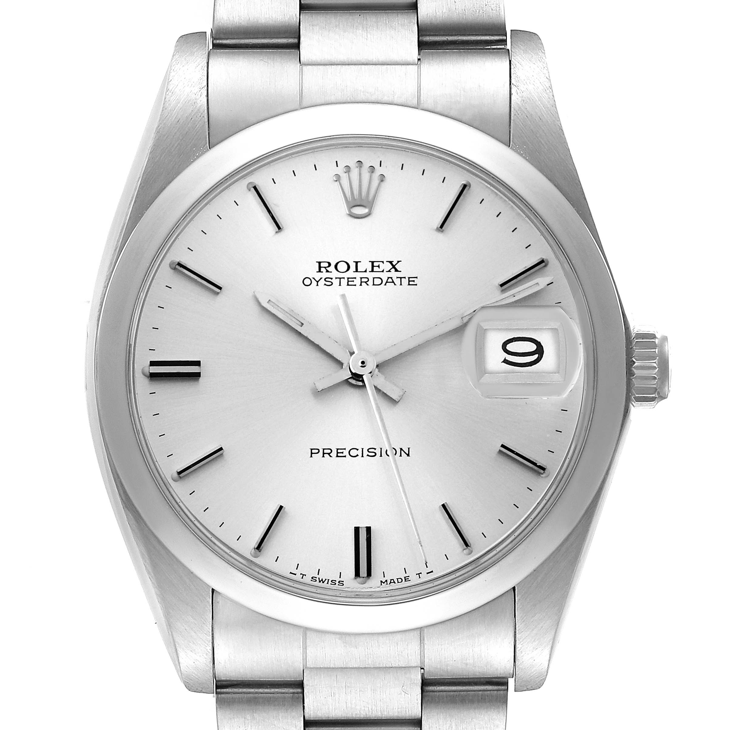 The image shows a front view of the Rolex Vintage Collection 6694 Men's Stainless Steel Silver Dial 6694 Men's Stainless Steel Silver Dial Oysterdate Precision watch, highlighting its dial, hands, date window, and bracelet.