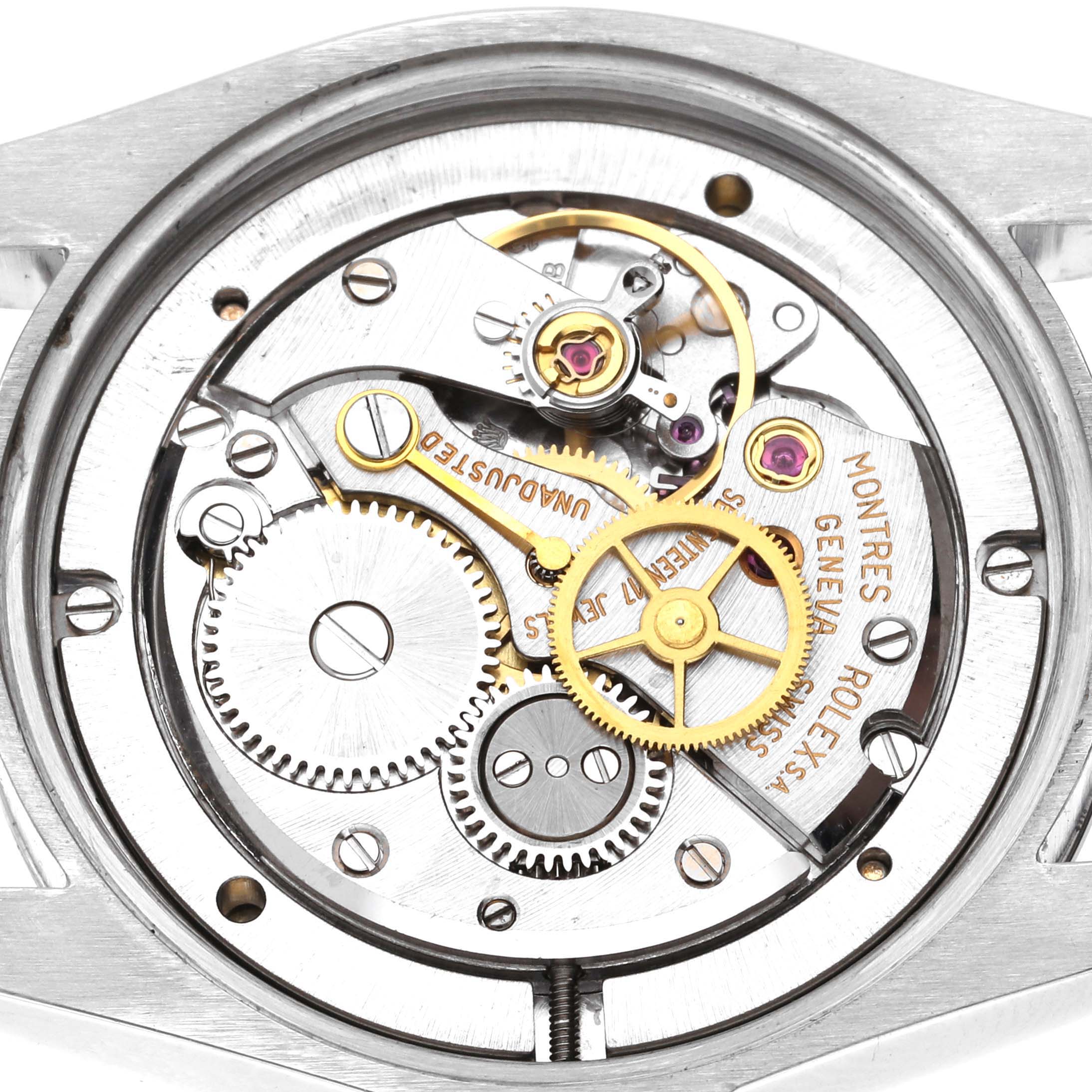 This image shows the internal mechanism of the Vintage Collection model by Rolex, highlighting gears and intricate components.