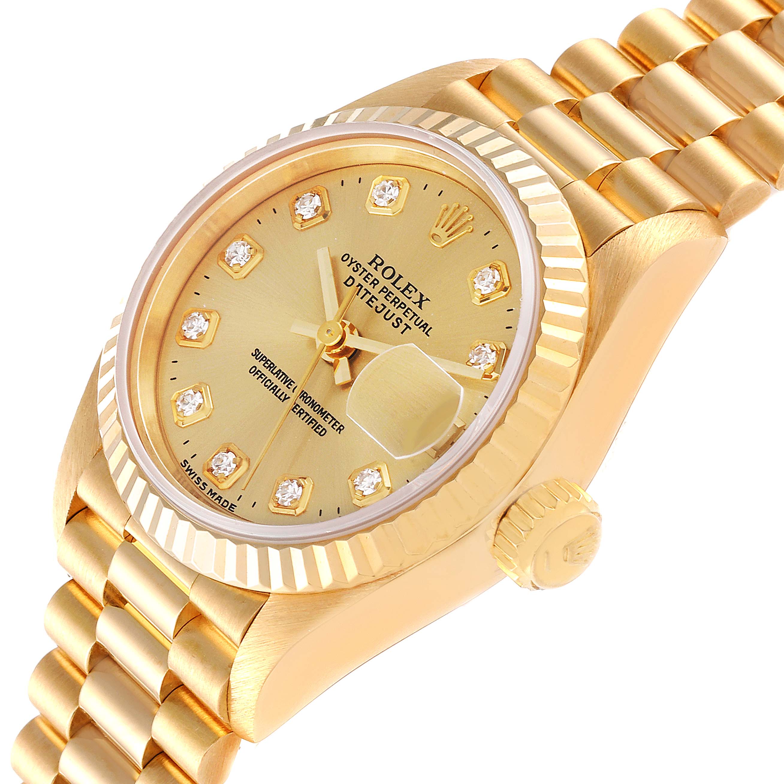 The Rolex President 69178 Women
s Yellow Gold Champagne Dial 69178 Women
s Yellow Gold Champagne Dial model watch is shown at a slight angle, focusing on the dial, bezel, crown, and part of the bracelet.