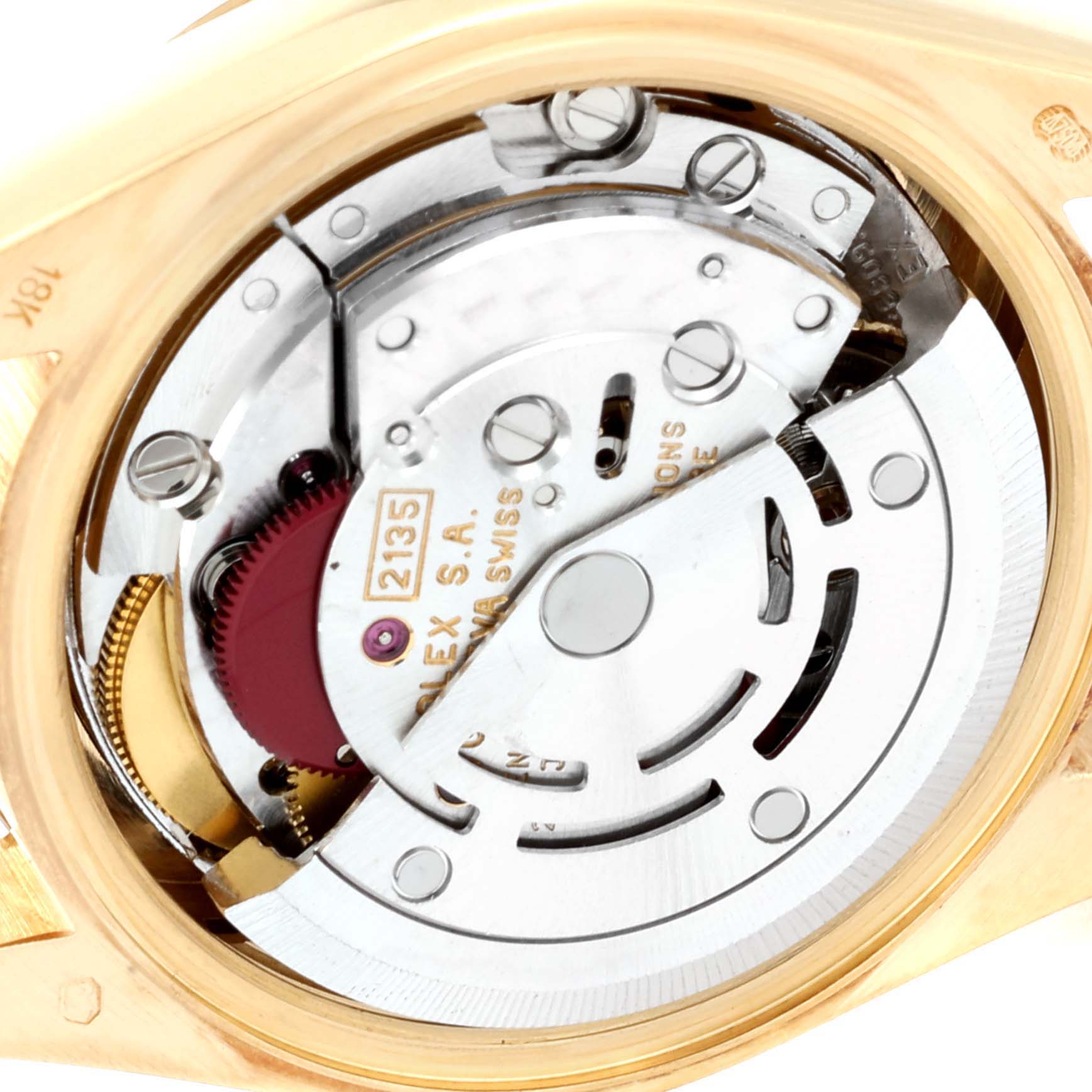 The image shows the internal mechanism of a Rolex President 69178 Women
s Yellow Gold Champagne Dial 69178 Women
s Yellow Gold Champagne Dial model watch with visible gears and components.