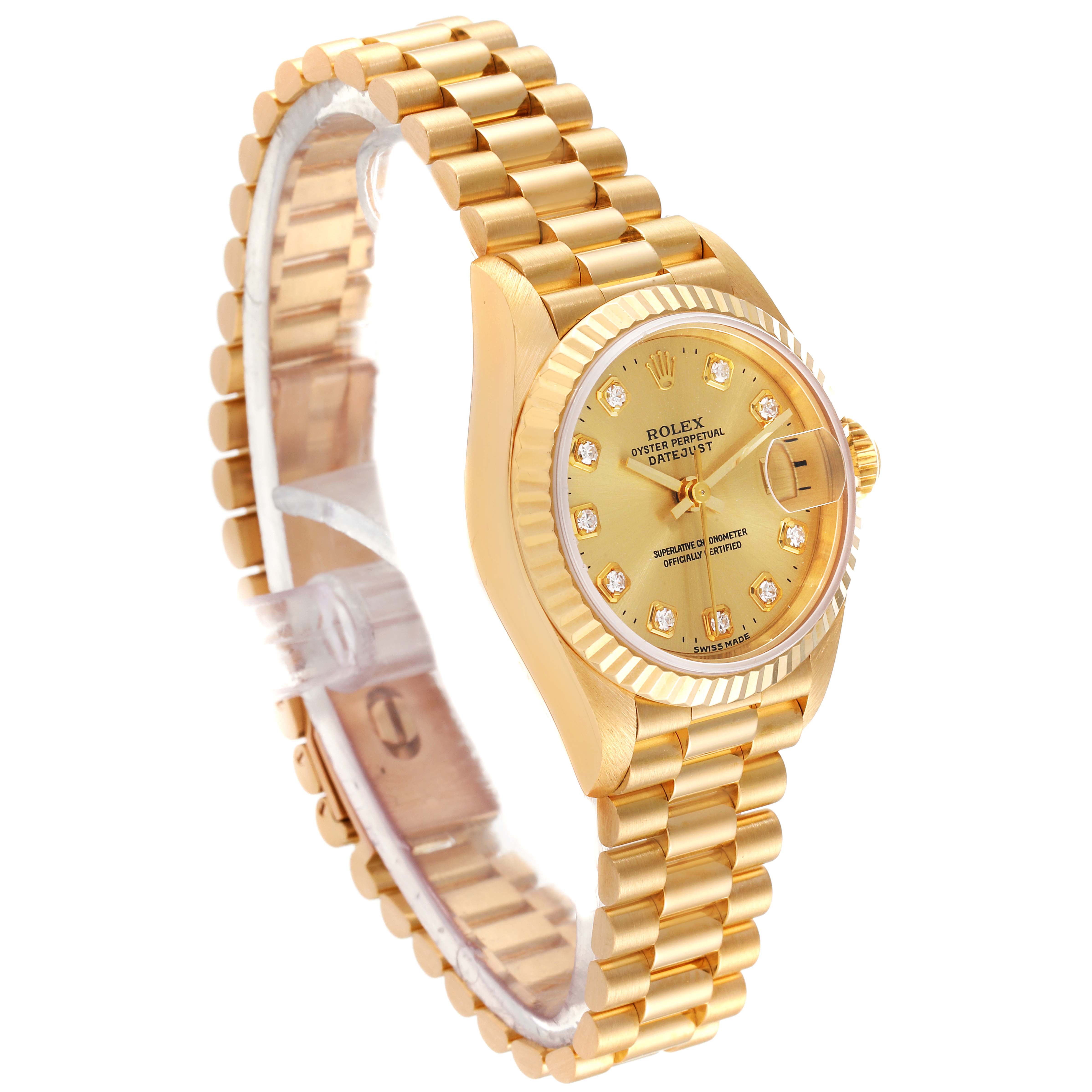 This Rolex President 69178 Women
s Yellow Gold Champagne Dial 69178 Women
s Yellow Gold Champagne Dial watch is shown at an angle displaying the gold bracelet, case, dial, and the date magnifier.