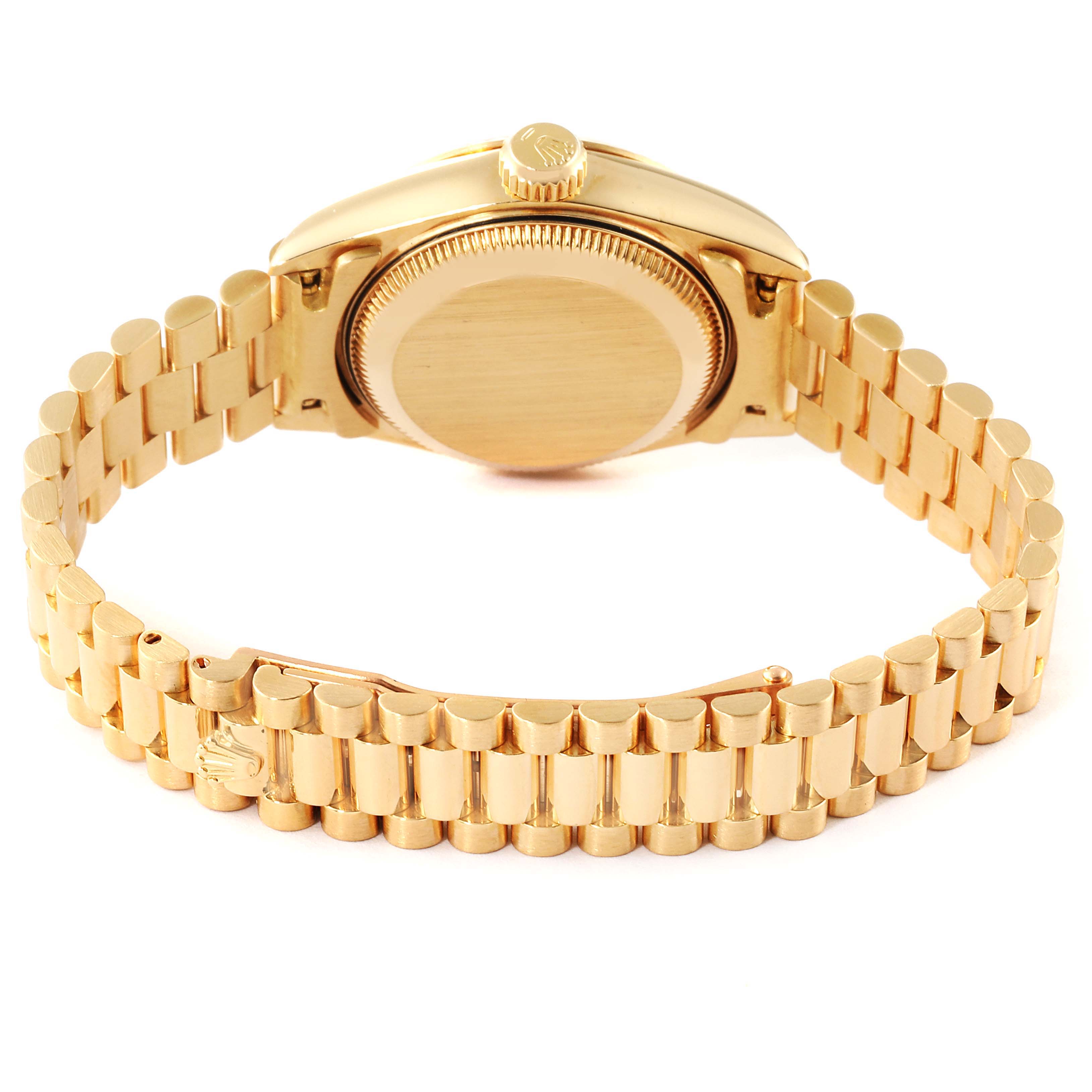 This image shows the back and bracelet of a Rolex President 69178 Women
s Yellow Gold Champagne Dial 69178 Women
s Yellow Gold Champagne Dial model watch, viewed from the side.