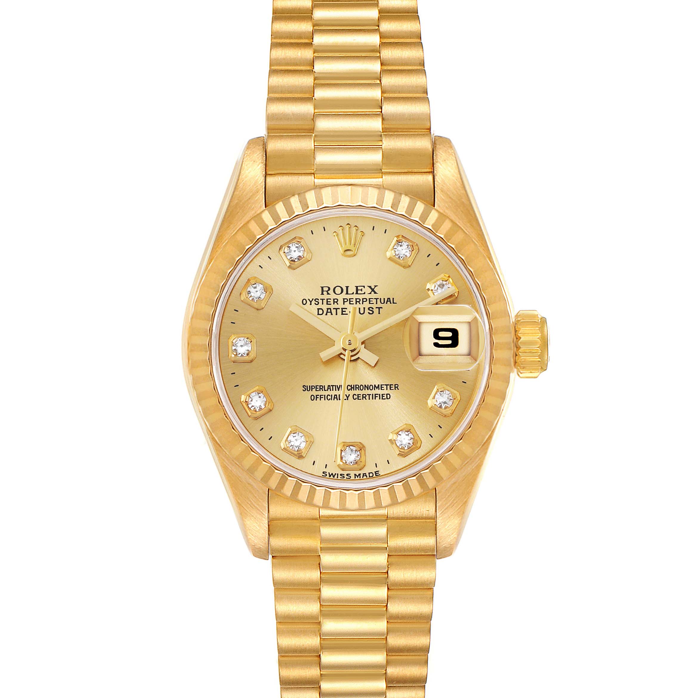 This Rolex President 69178 Women
s Yellow Gold Champagne Dial 69178 Women
s Yellow Gold Champagne Dial model watch is shown from a front angle, displaying its dial, bezel, crown, and bracelet.