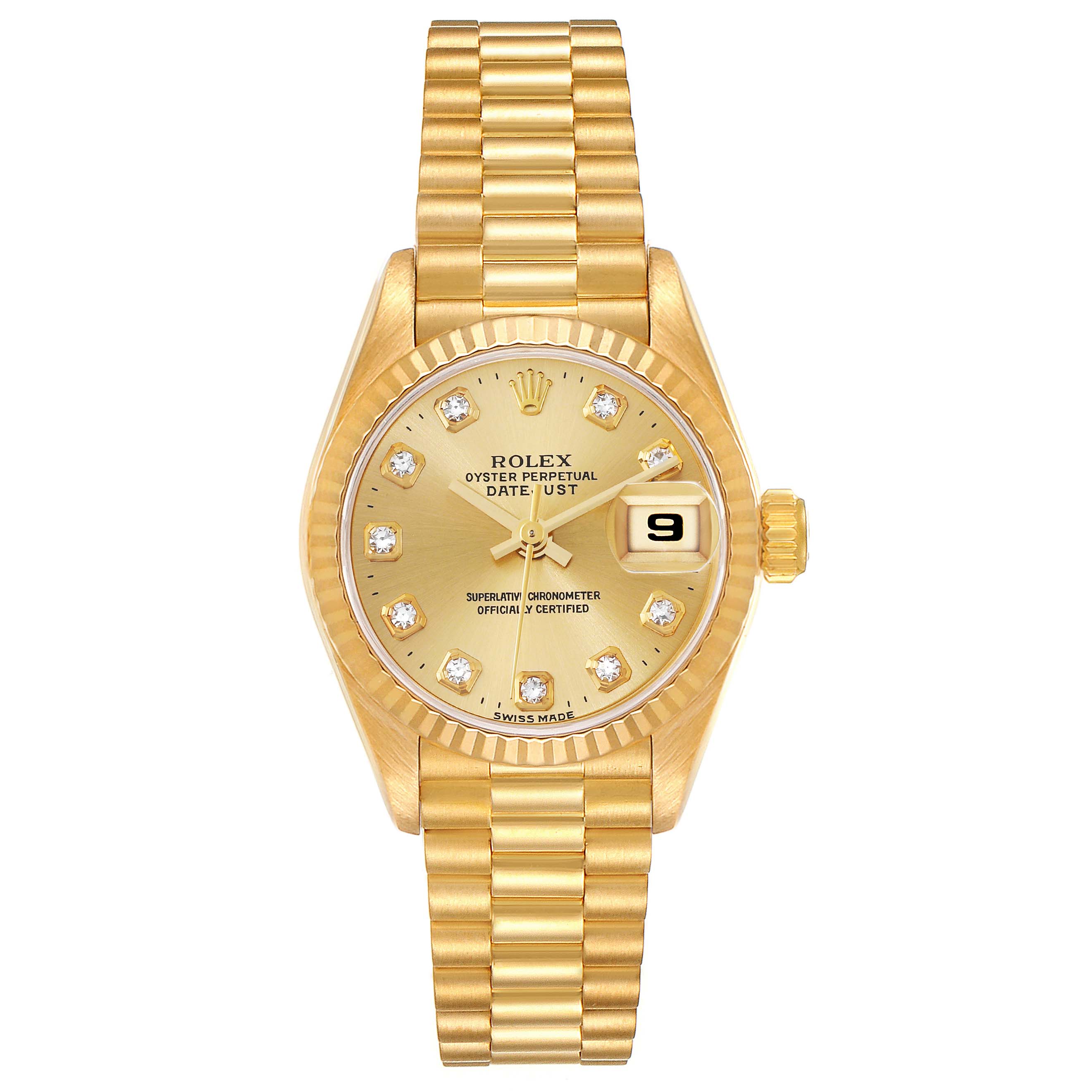 This image shows a front view of a Rolex President 69178 Women
s Yellow Gold Champagne Dial 69178 Women
s Yellow Gold Champagne Dial watch, highlighting its face, bezel, and bracelet.