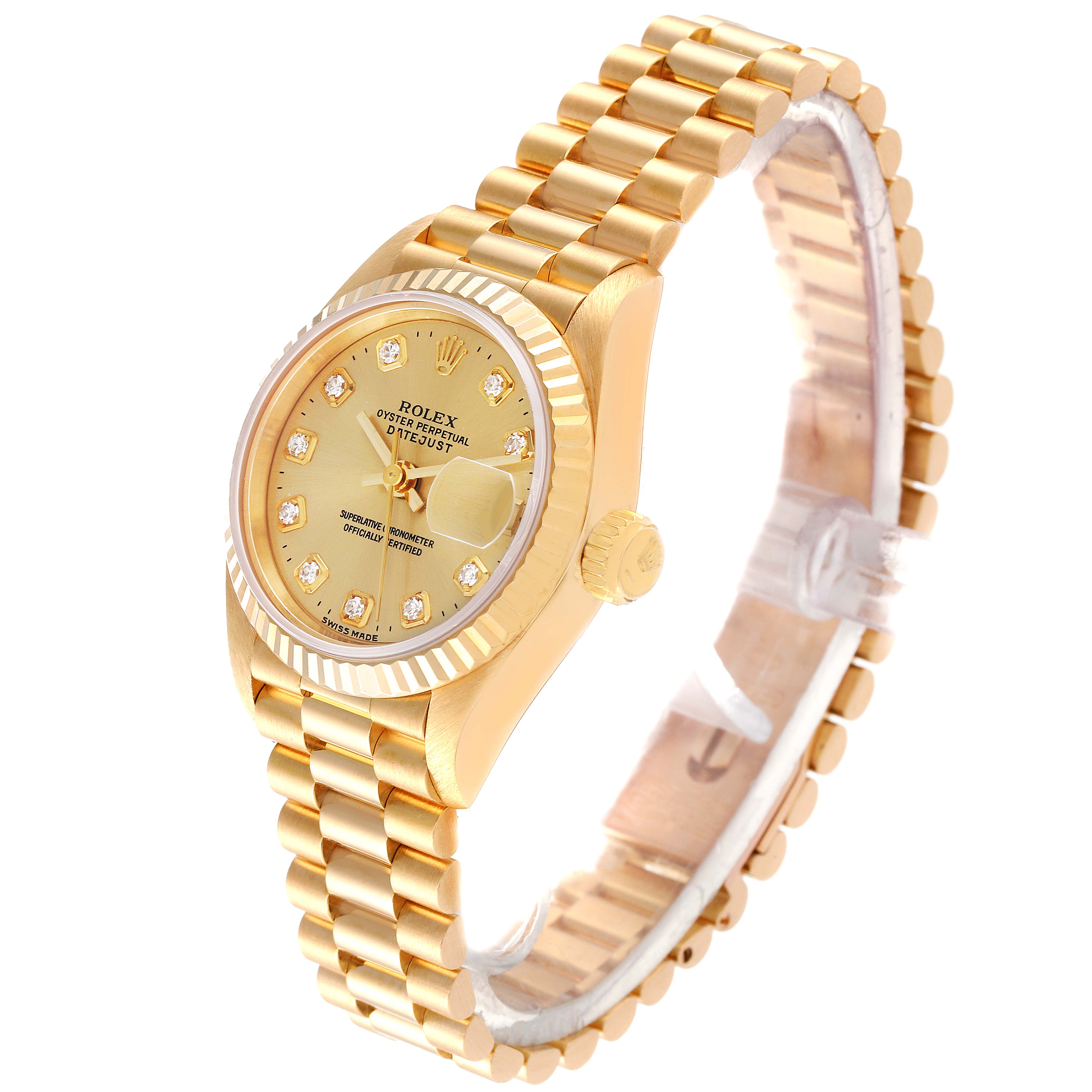 The image shows a Rolex President 69178 Women
s Yellow Gold Champagne Dial 69178 Women
s Yellow Gold Champagne Dial model watch from an angled side view, highlighting its gold band, casing, and dial.