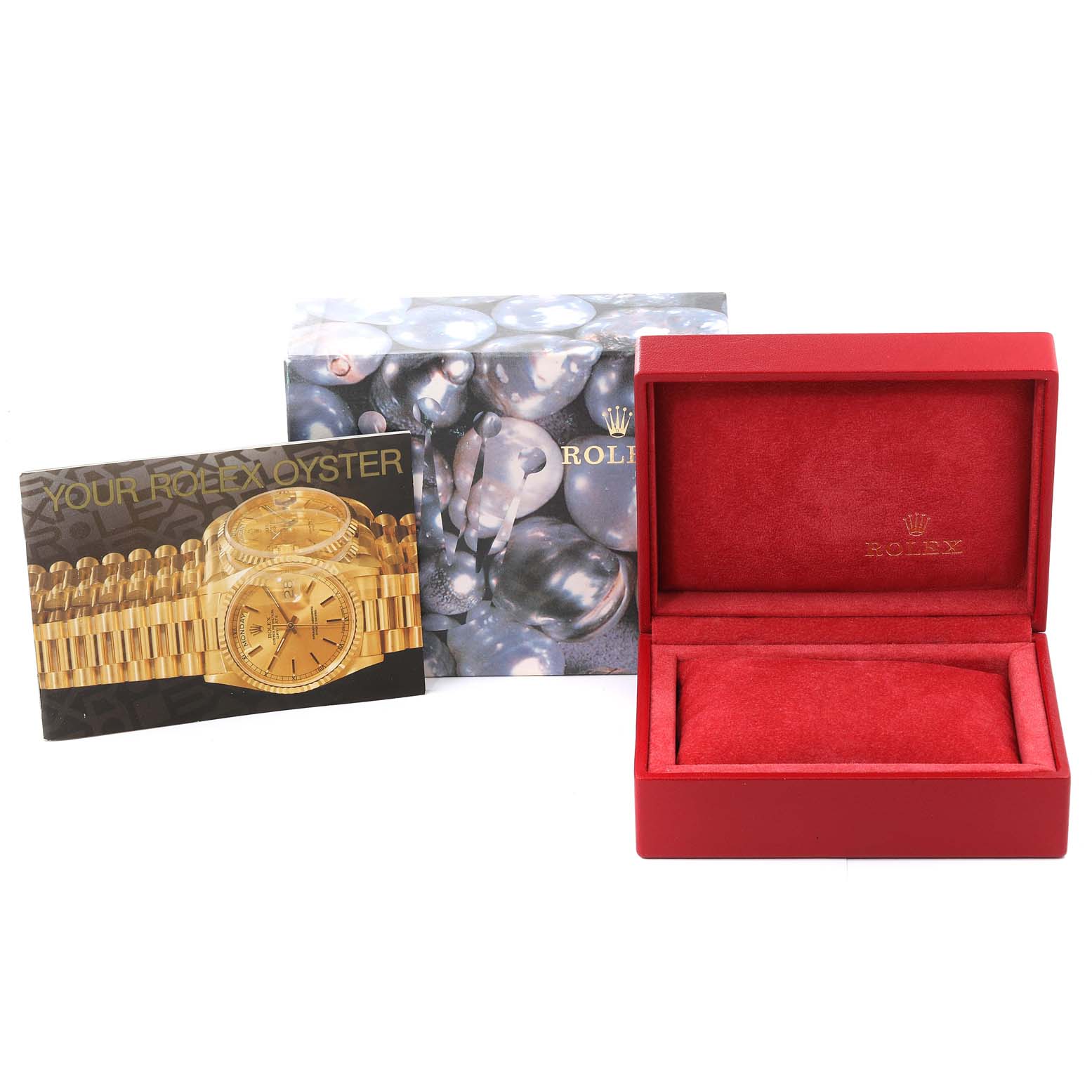 The image shows packaging and booklet accessories for the Rolex President 69178 Women
s Yellow Gold Champagne Dial 69178 Women
s Yellow Gold Champagne Dial model watch, including a box and manual.