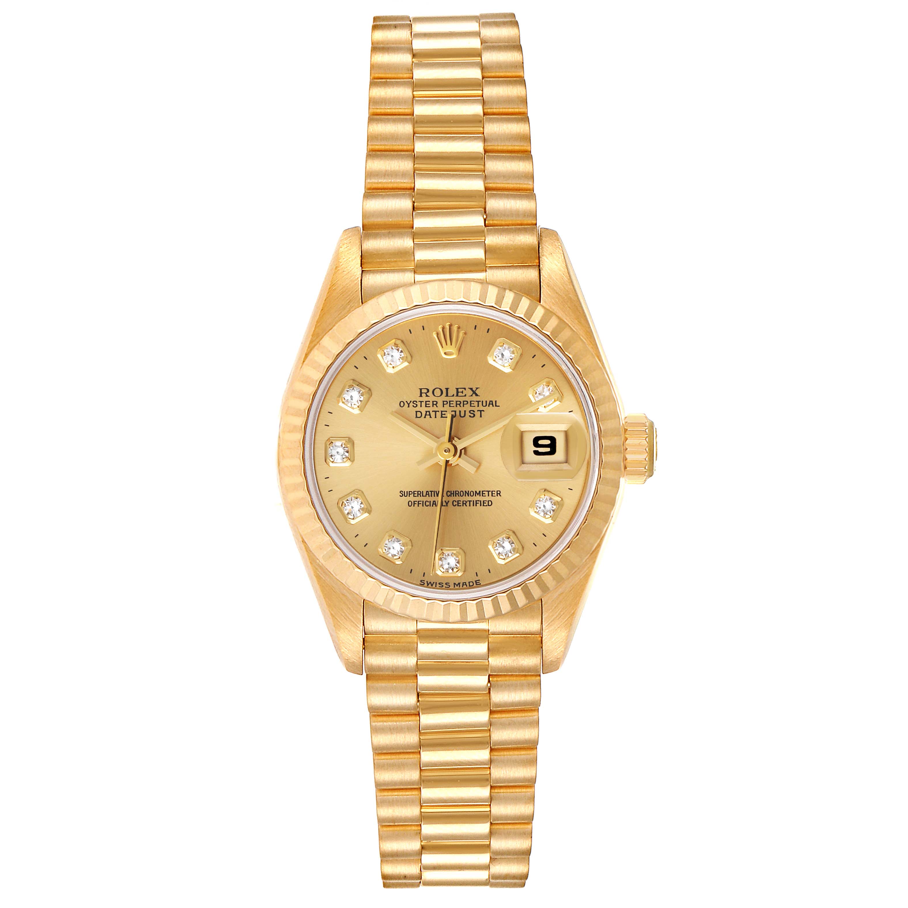 The image shows a frontal view of the Rolex President 69178 Women
s Yellow Gold Champagne Dial 69178 Women
s Yellow Gold Champagne Dial model watch, highlighting its dial, bezel, and bracelet.