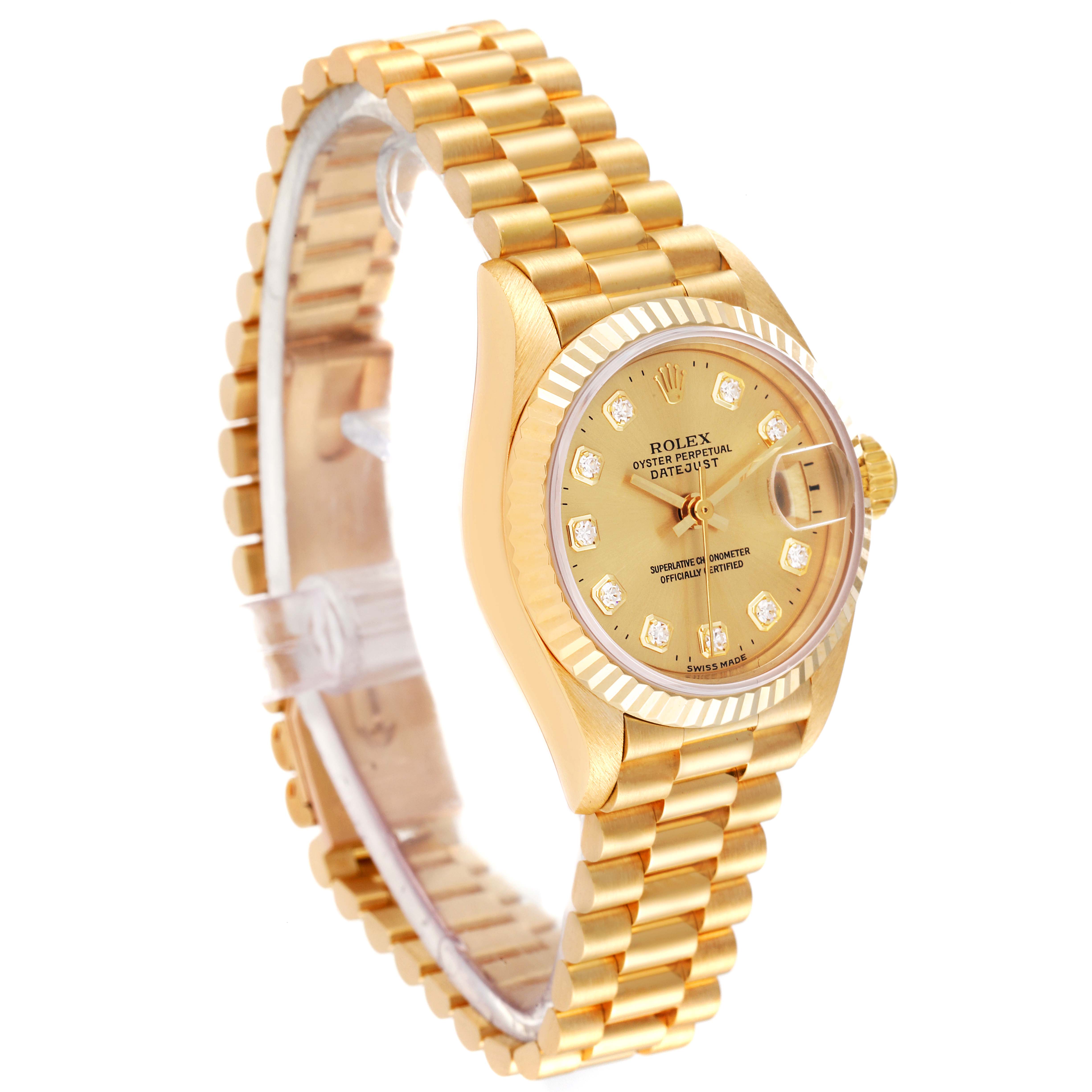 This image shows a Rolex President 69178 Women
s Yellow Gold Champagne Dial 69178 Women
s Yellow Gold Champagne Dial model from an angled side view, displaying the gold bracelet, bezel, and dial with diamond hour markers.