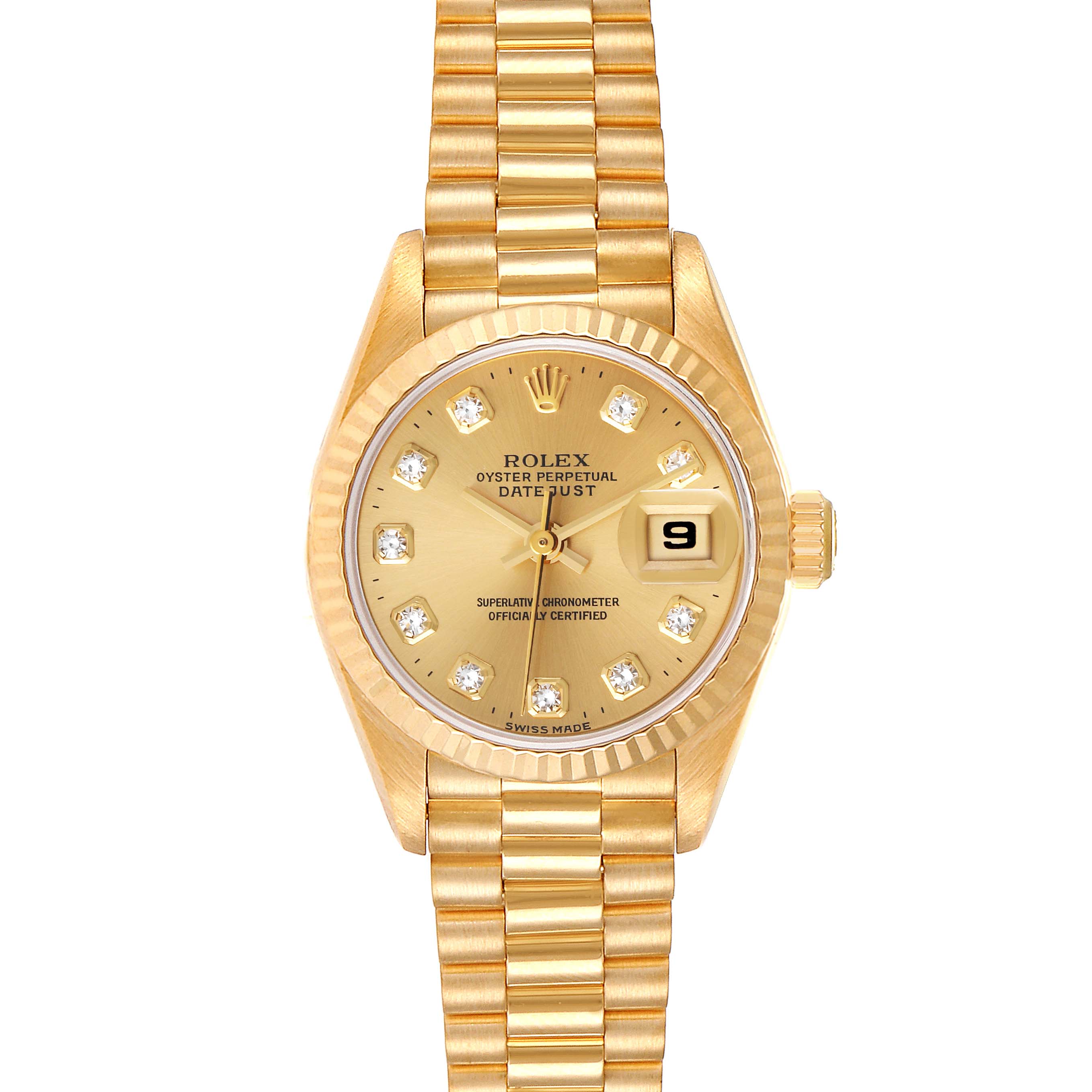 The image shows a front view of the Rolex President 69178 Women
s Yellow Gold Champagne Dial 69178 Women
s Yellow Gold Champagne Dial Datejust watch, highlighting the dial, bezel, and bracelet.