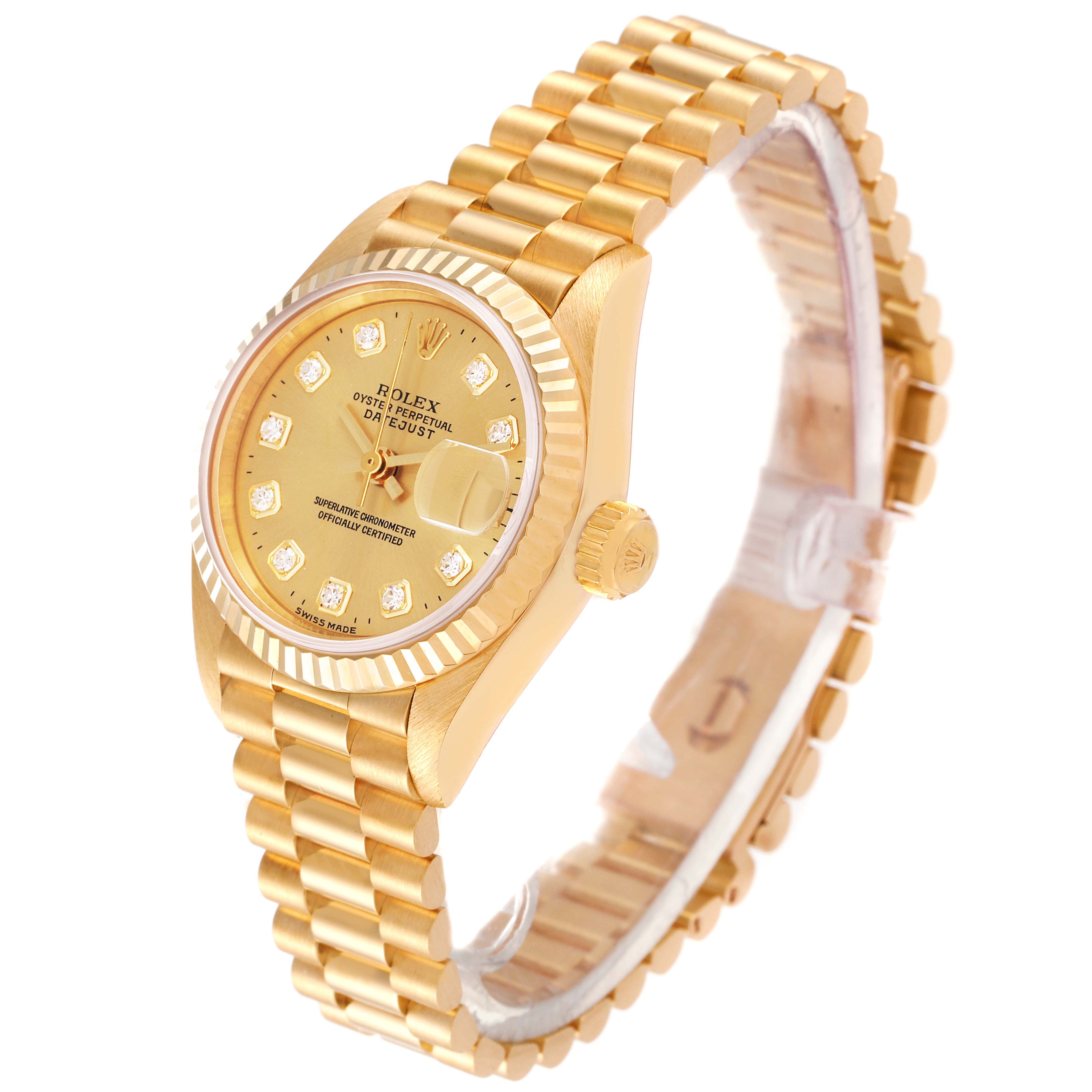 The image shows a Rolex President 69178 Women
s Yellow Gold Champagne Dial 69178 Women
s Yellow Gold Champagne Dial model watch at a three-quarter angle, displaying the watch face, bezel, case, and bracelet.