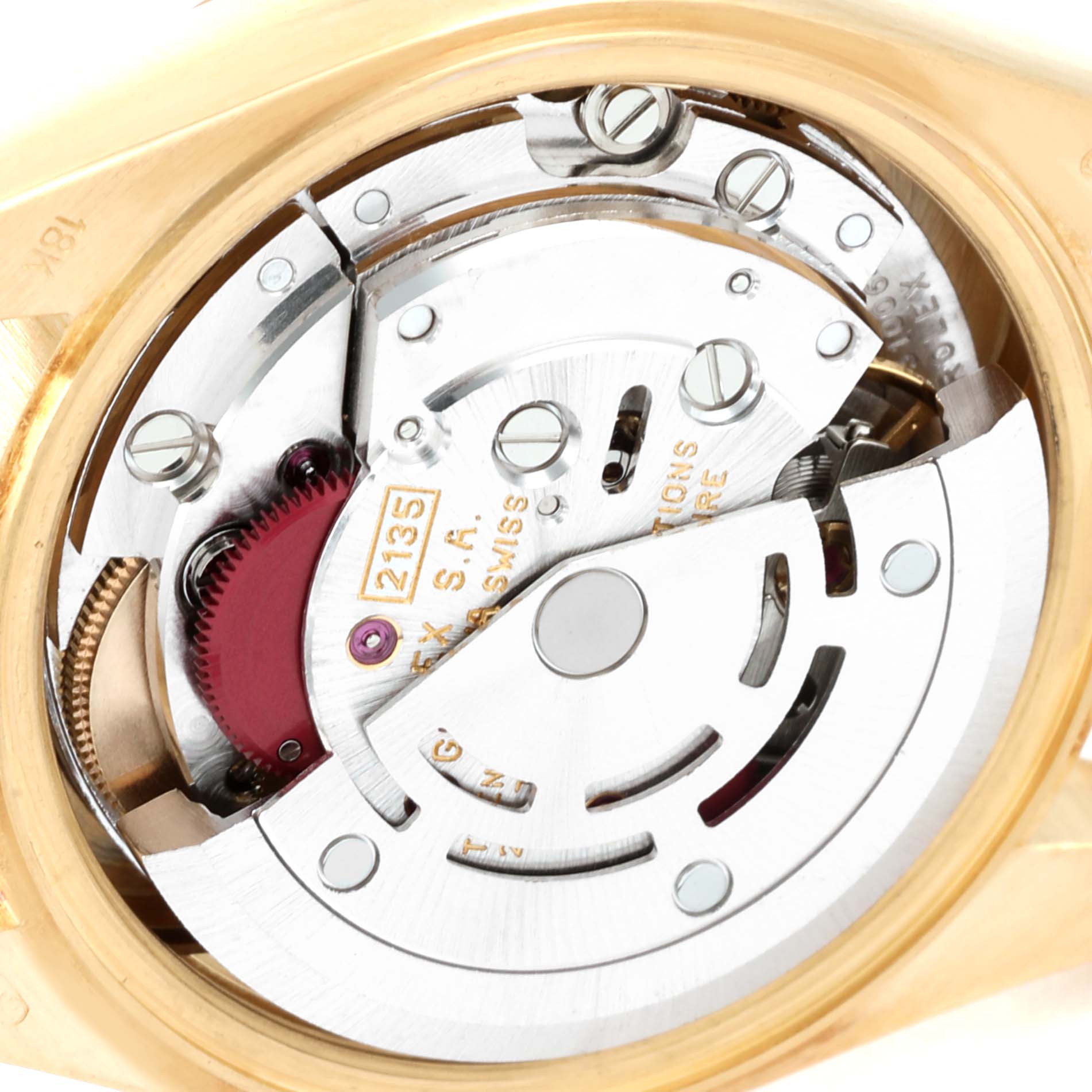 This image shows a close-up view of the internal movement and mechanism of a Rolex President 69178 Women
s Yellow Gold Champagne Dial 69178 Women
s Yellow Gold Champagne Dial model watch.