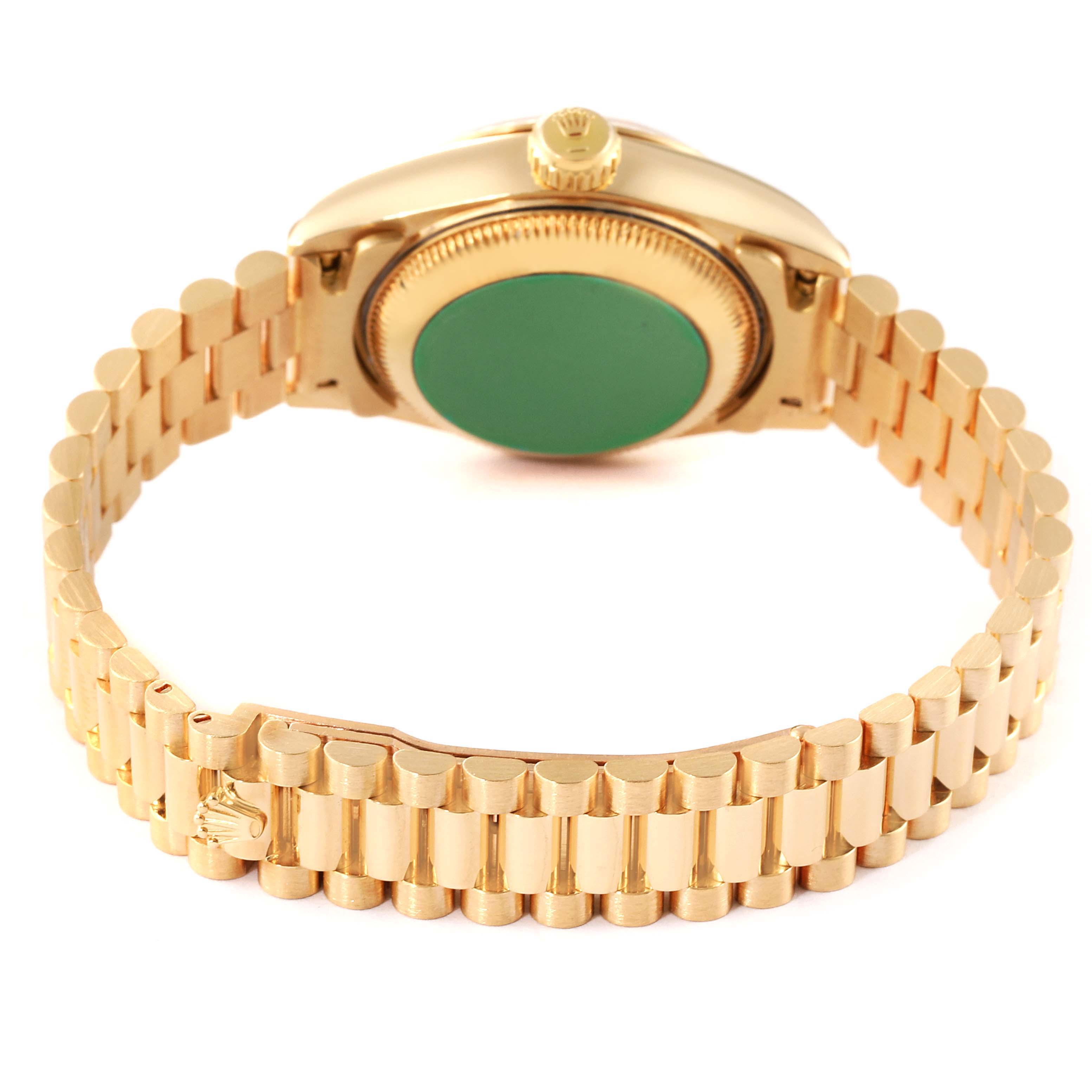 The image shows the back and bracelet of a Rolex President 69178 Women
s Yellow Gold Champagne Dial 69178 Women
s Yellow Gold Champagne Dial model watch from a rear angle.