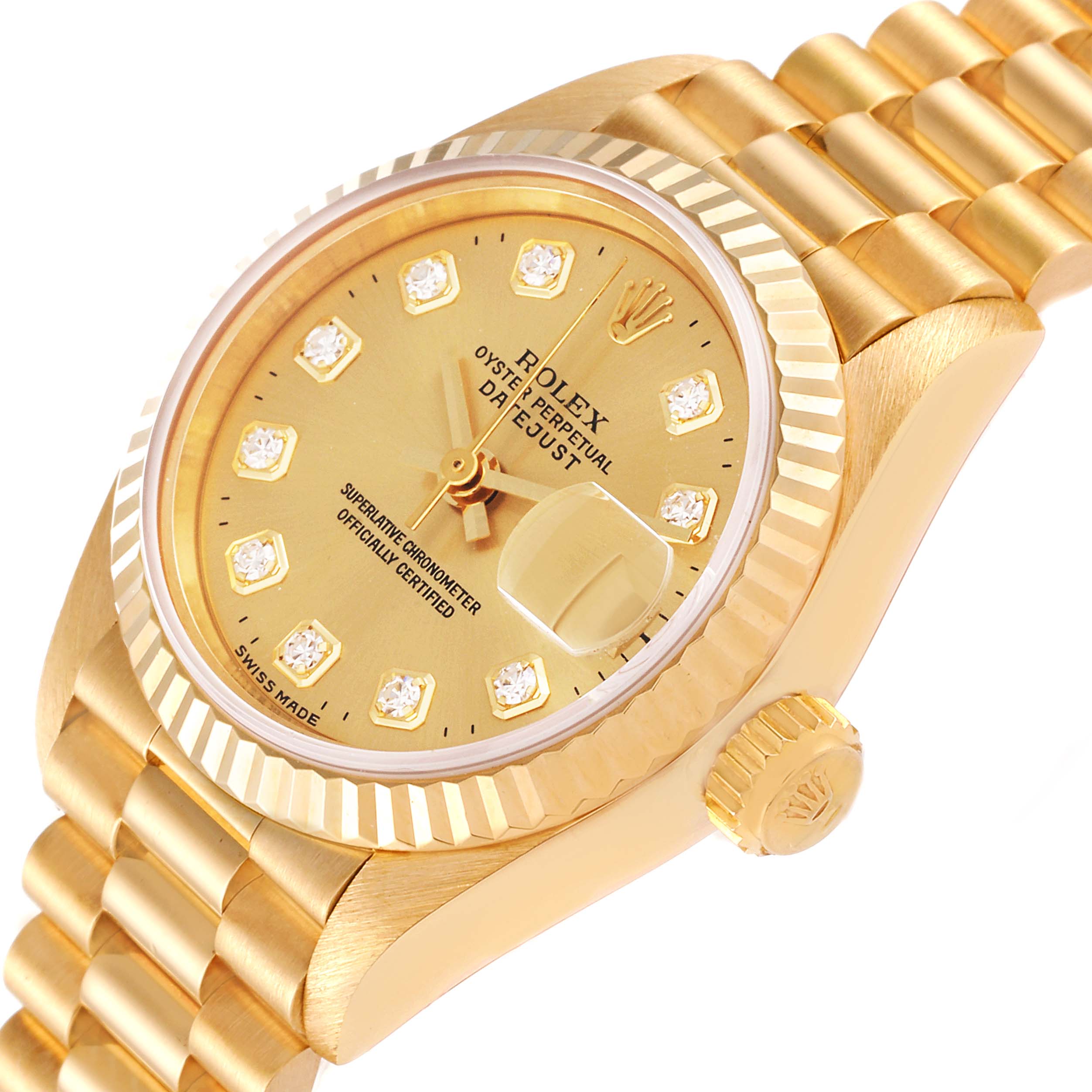 The image shows a close-up of a Rolex President 69178 Women
s Yellow Gold Champagne Dial 69178 Women
s Yellow Gold Champagne Dial model watch, focusing on the dial, bezel, bracelet, and crown.
