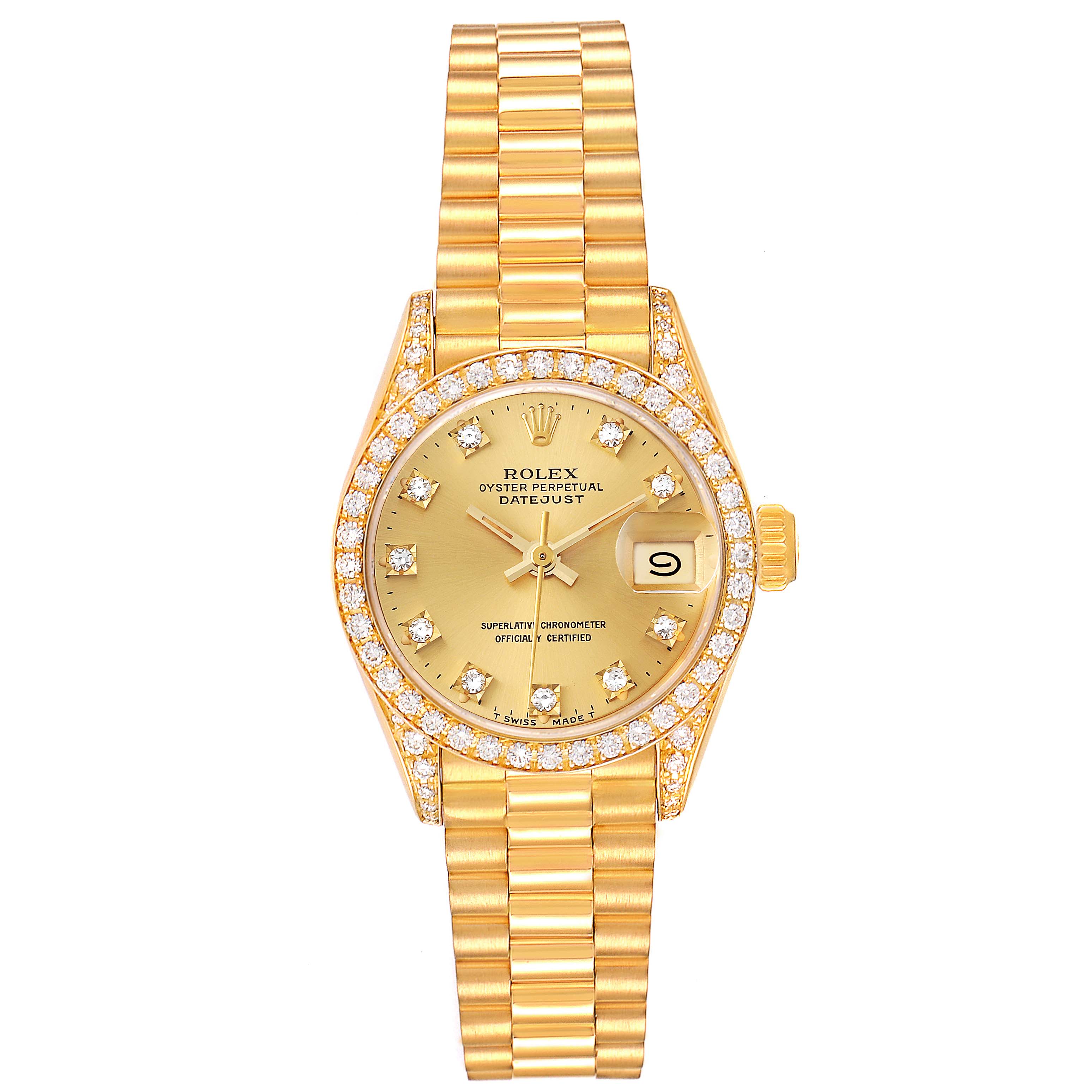 The Rolex President 69158 Women
s Yellow Gold Champagne Dial 69158 Women
s Yellow Gold Champagne Dial model watch is shown from a top-down angle, displaying the full band, bezel, dial, and crown.