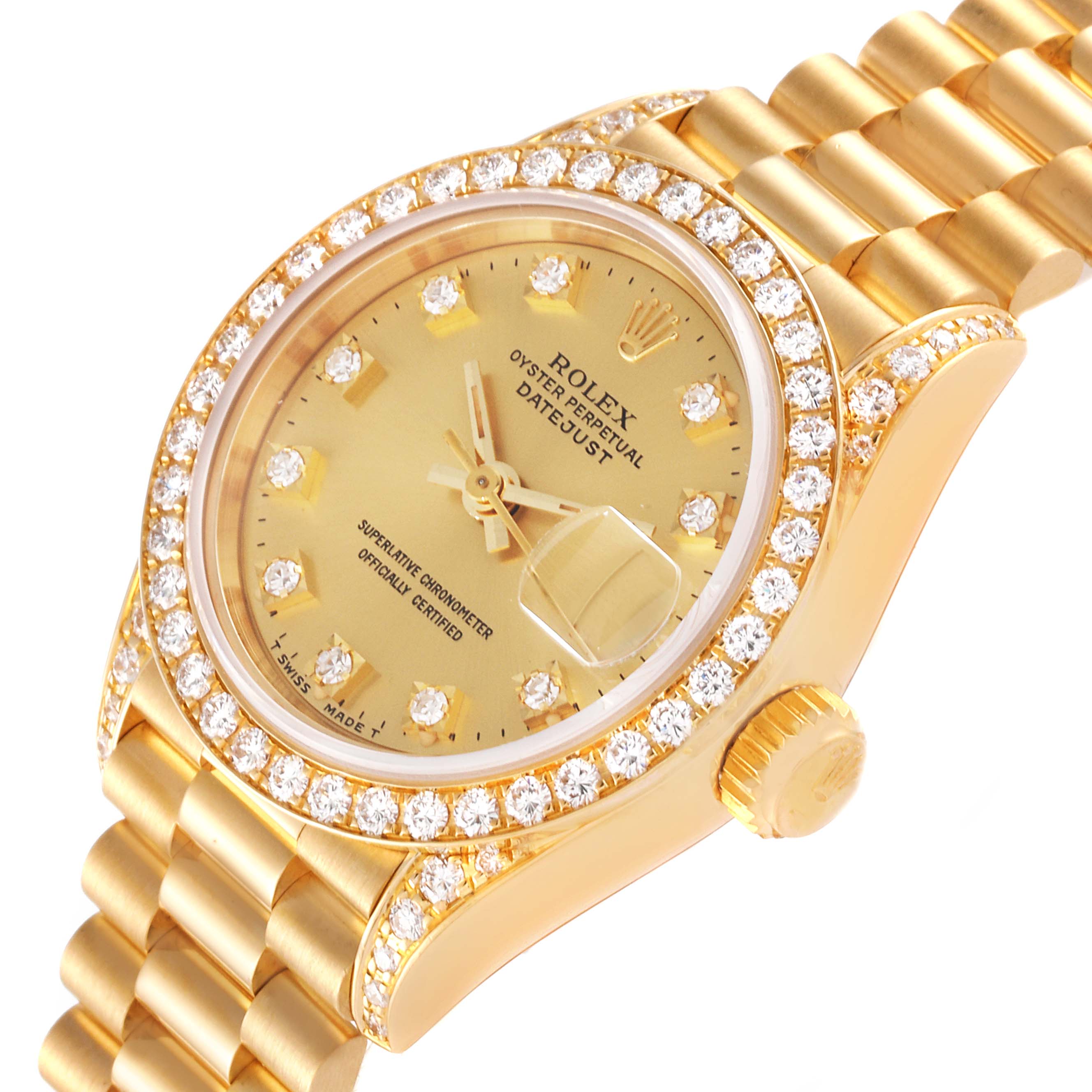 The image shows the dial, bezel, and part of the bracelet of a Rolex President 69158 Women
s Yellow Gold Champagne Dial 69158 Women
s Yellow Gold Champagne Dial model watch from a slight side angle.