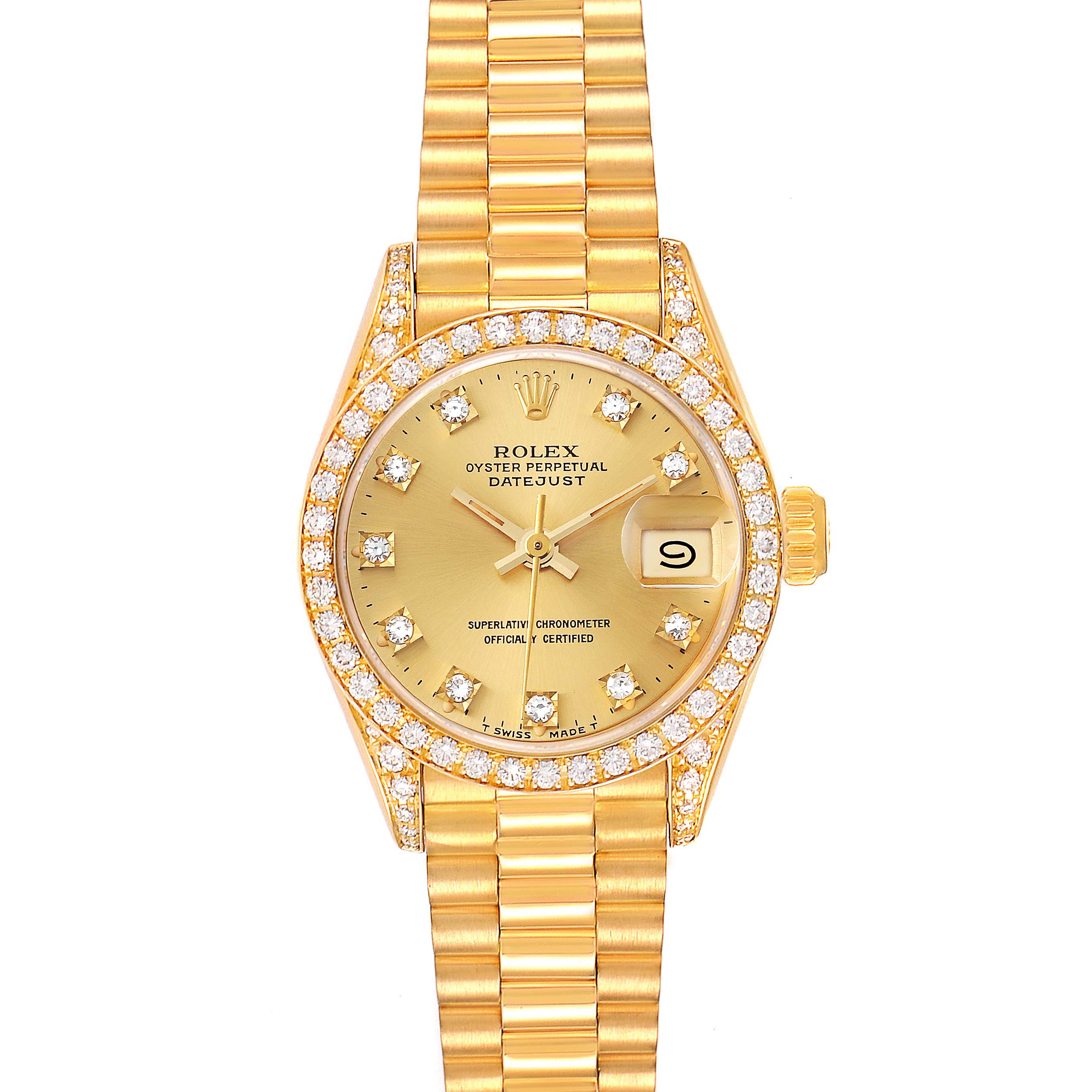 This image shows a Rolex President 69158 Women
s Yellow Gold Champagne Dial 69158 Women
s Yellow Gold Champagne Dial Datejust model watch from a front angle, including the bracelet, bezel, crown, and dial.