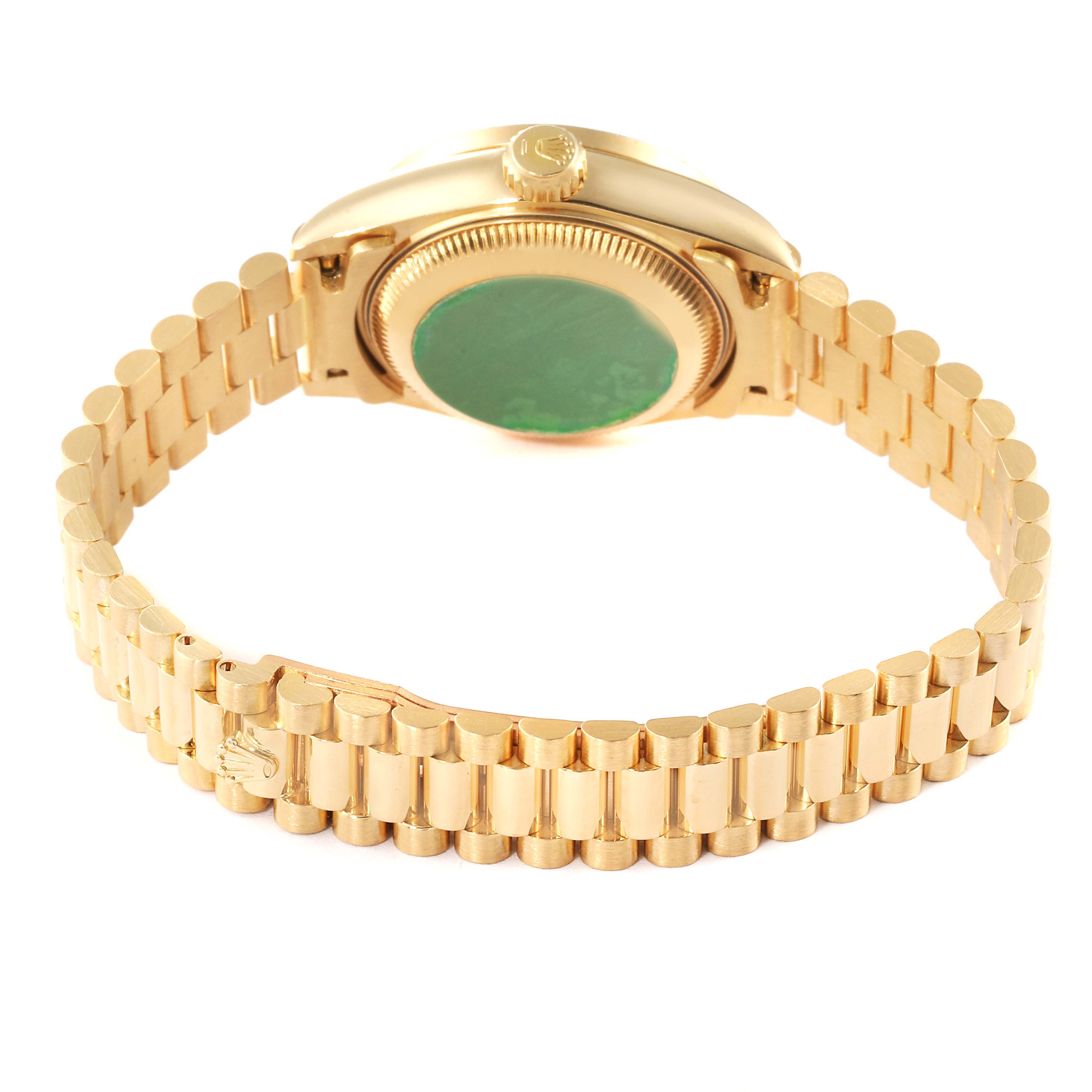 This image shows the back view and the band of a Rolex President 69158 Women
s Yellow Gold Champagne Dial 69158 Women
s Yellow Gold Champagne Dial model watch.