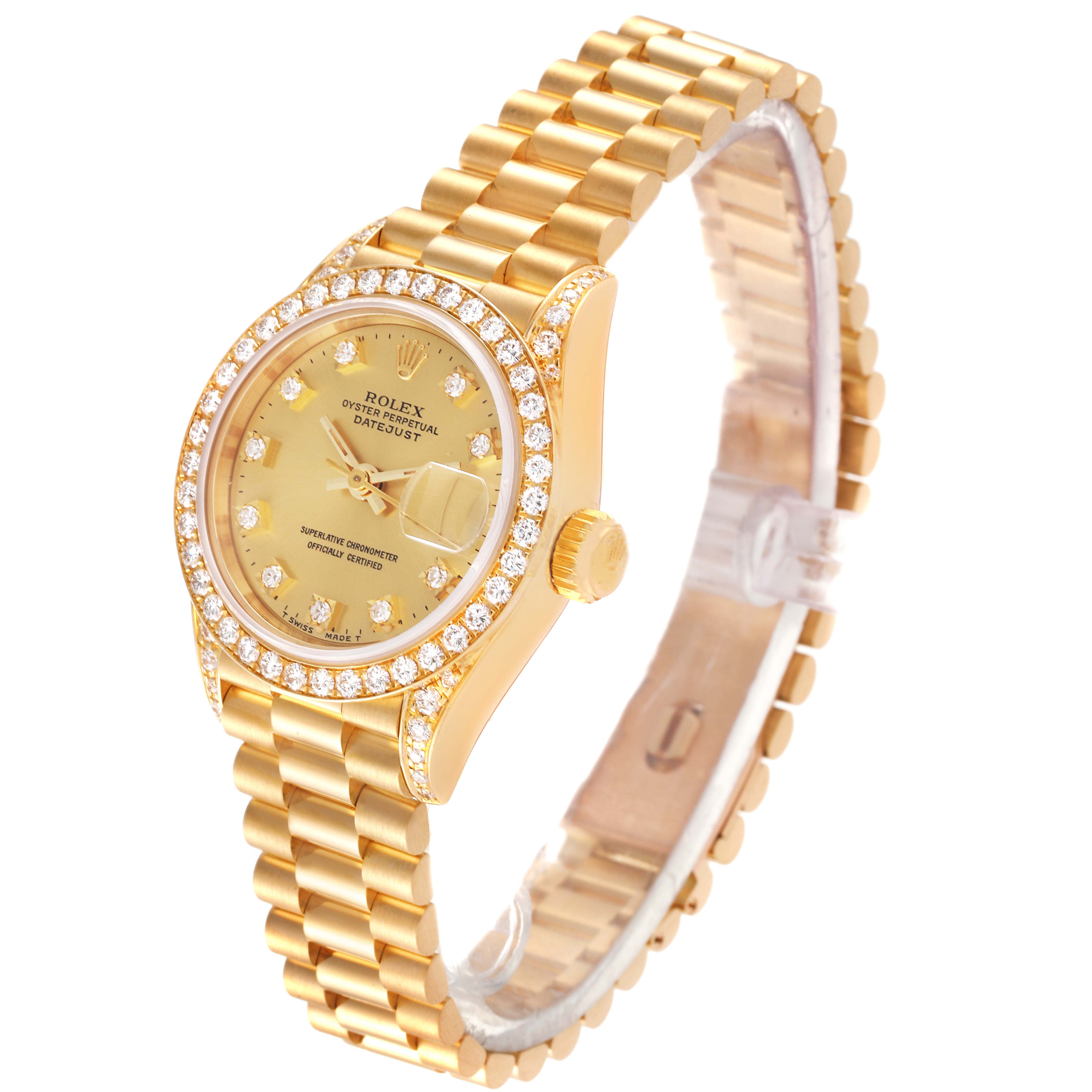 The Rolex President 69158 Women
s Yellow Gold Champagne Dial 69158 Women
s Yellow Gold Champagne Dial model watch is shown at a side angle, displaying its gold bracelet, diamond bezel, and dial with date function.