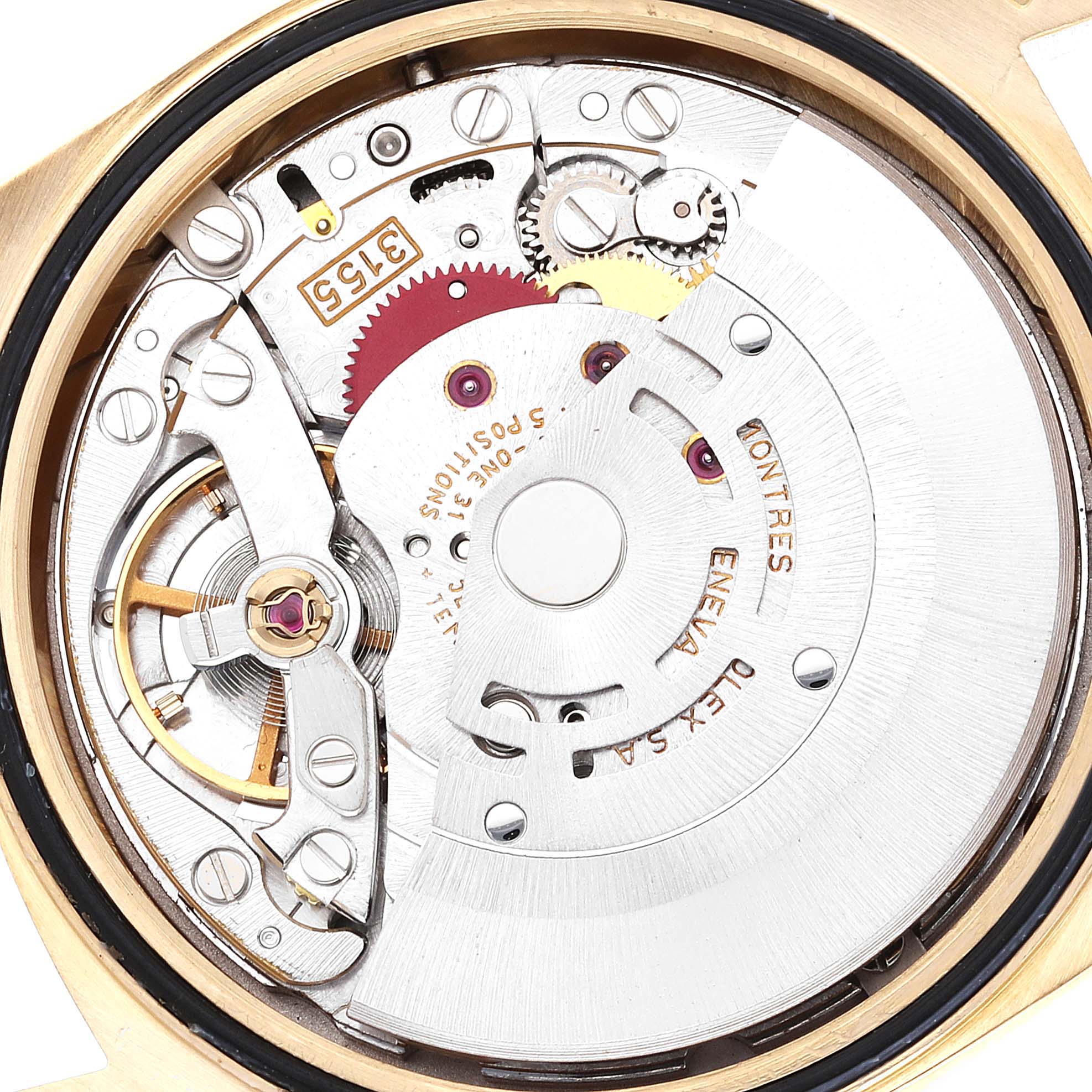The image shows the internal mechanism of a Rolex President 18348 Men
s Yellow Gold Champagne Dial 18348 Men
s Yellow Gold Champagne Dial model watch from a top-down angle.