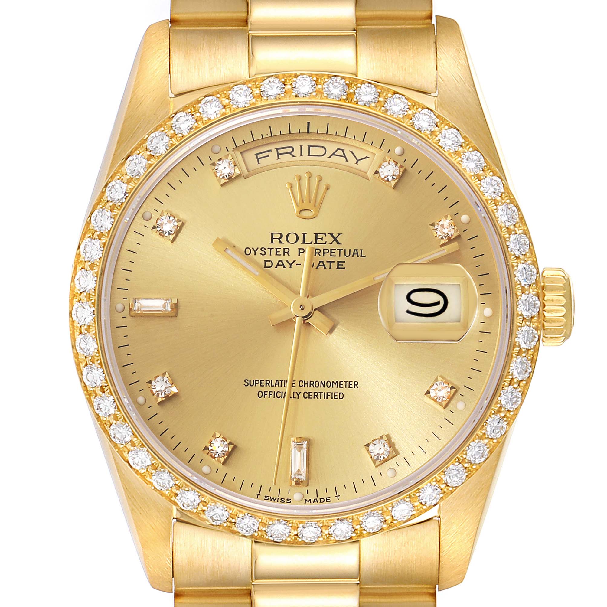 The Rolex President 18348 Men
s Yellow Gold Champagne Dial 18348 Men
s Yellow Gold Champagne Dial model watch is shown from the front, displaying its gold face, diamond bezel, and day-date feature.