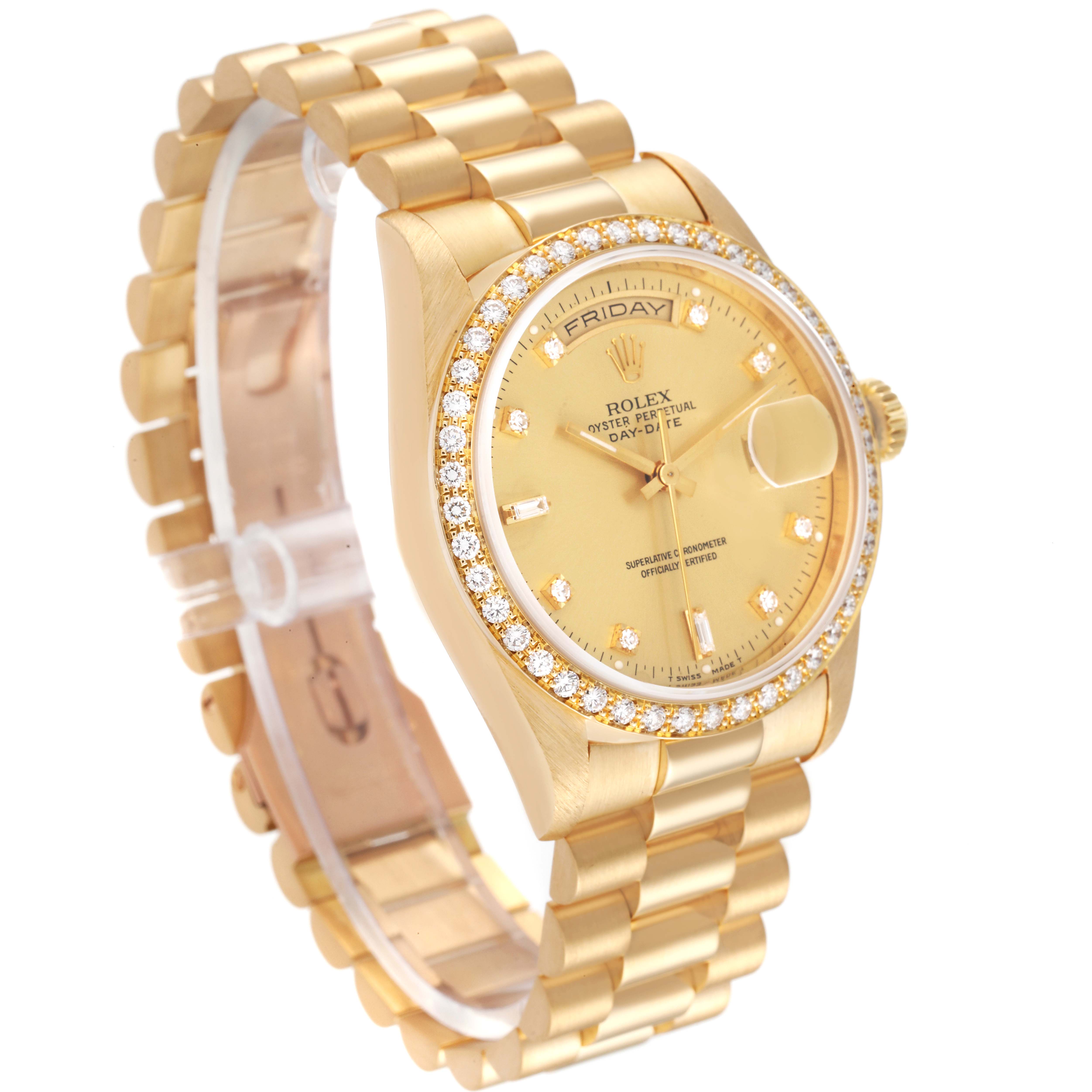 The image displays a Rolex President 18348 Men
s Yellow Gold Champagne Dial 18348 Men
s Yellow Gold Champagne Dial model watch at a three-quarter angle, showcasing its face, bracelet, and diamond bezel.