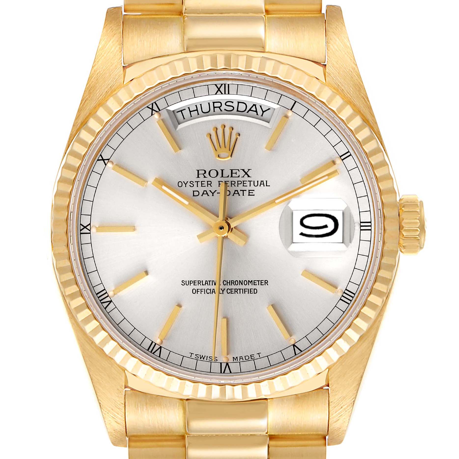 The image shows a front view of a Rolex President 18038 Men's Yellow Gold Silver Dial 18038 Men's Yellow Gold Silver Dial model, highlighting the dial, day-date display, bezel, bracelet, and crown.