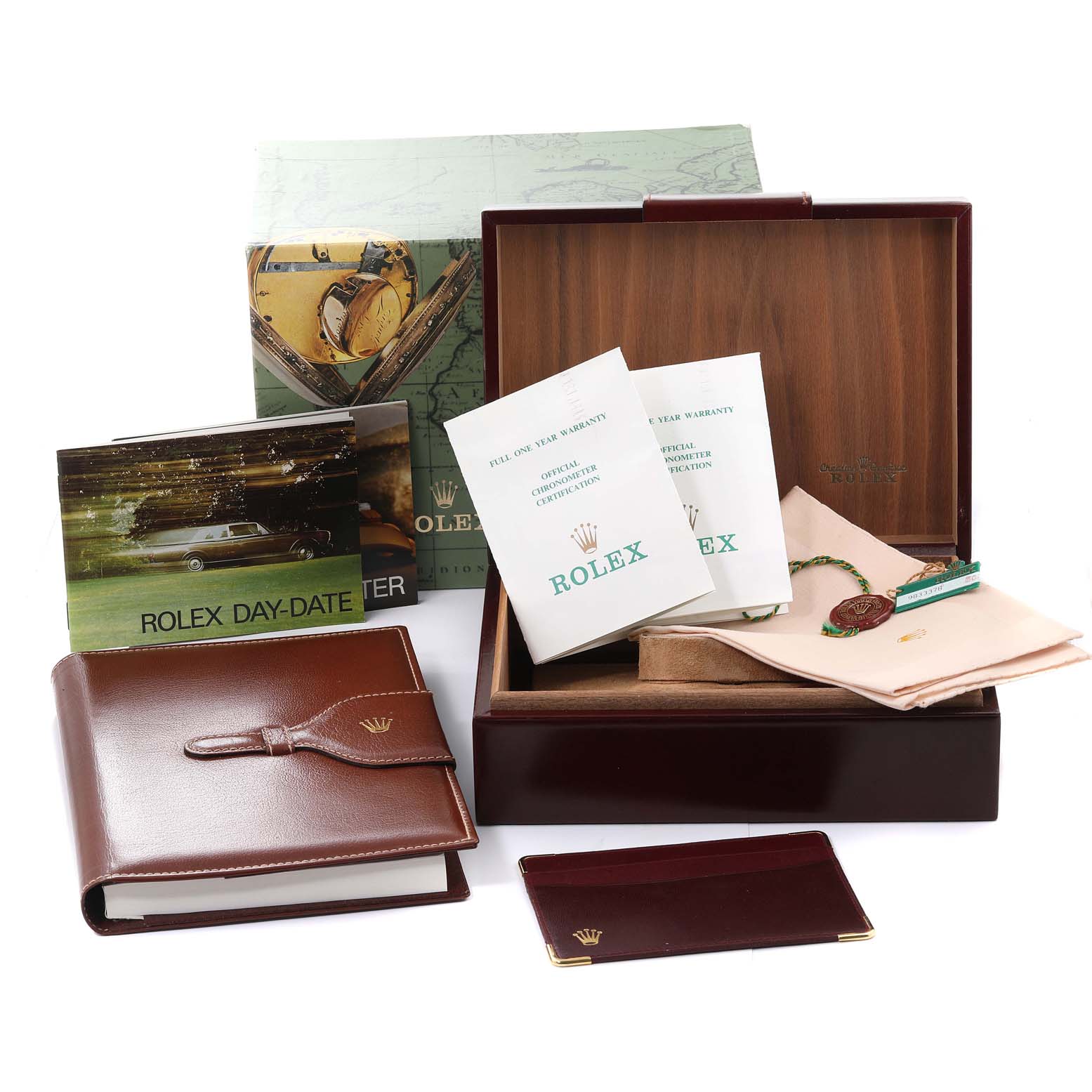 The image shows a Rolex President 18038 Men's Yellow Gold Silver Dial 18038 Men's Yellow Gold Silver Dial model watch packaging set with its box, manuals, tags, and accessories displayed.