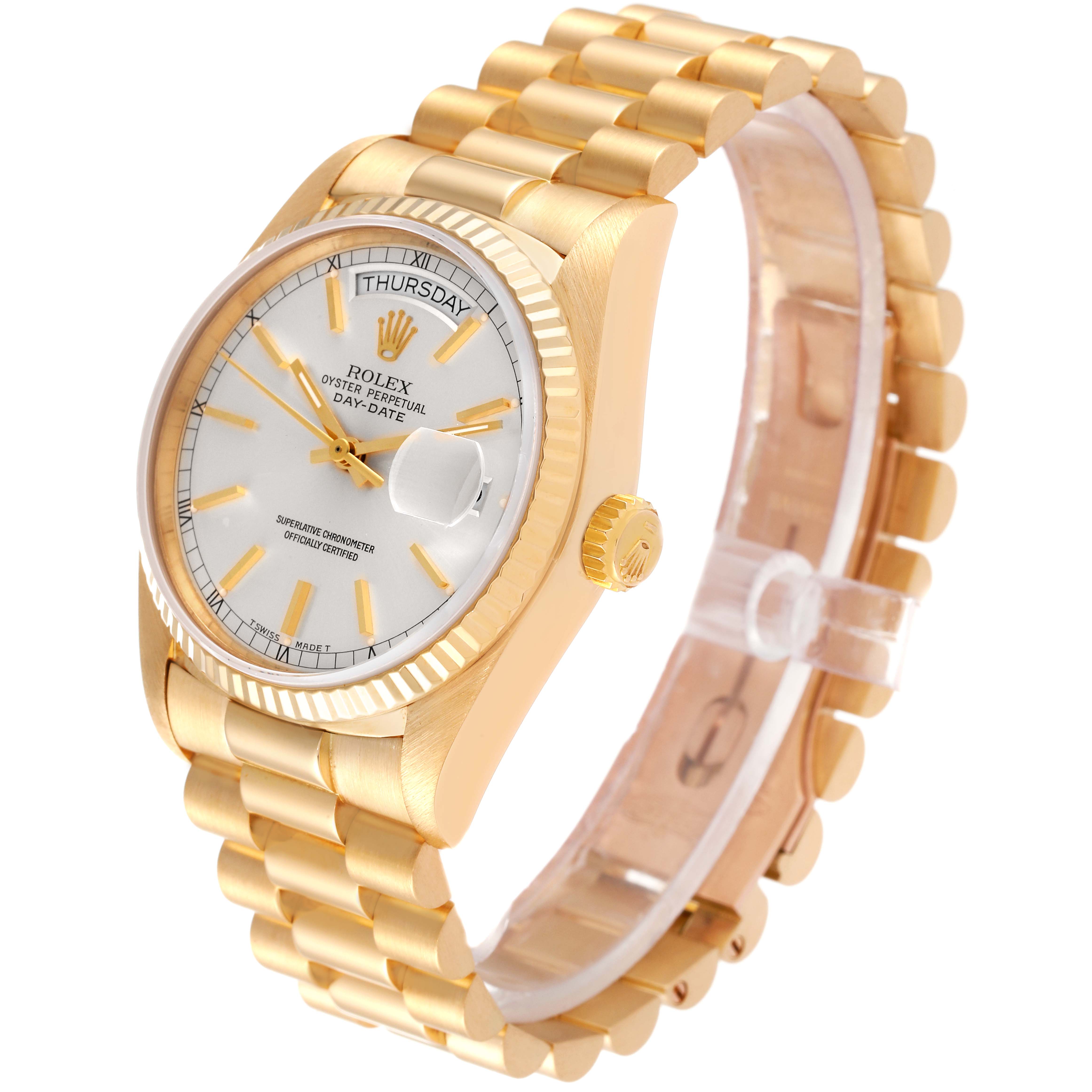 The Rolex President 18038 Men's Yellow Gold Silver Dial 18038 Men's Yellow Gold Silver Dial model watch is shown at a three-quarter angle, displaying the dial, bezel, crown, and bracelet.