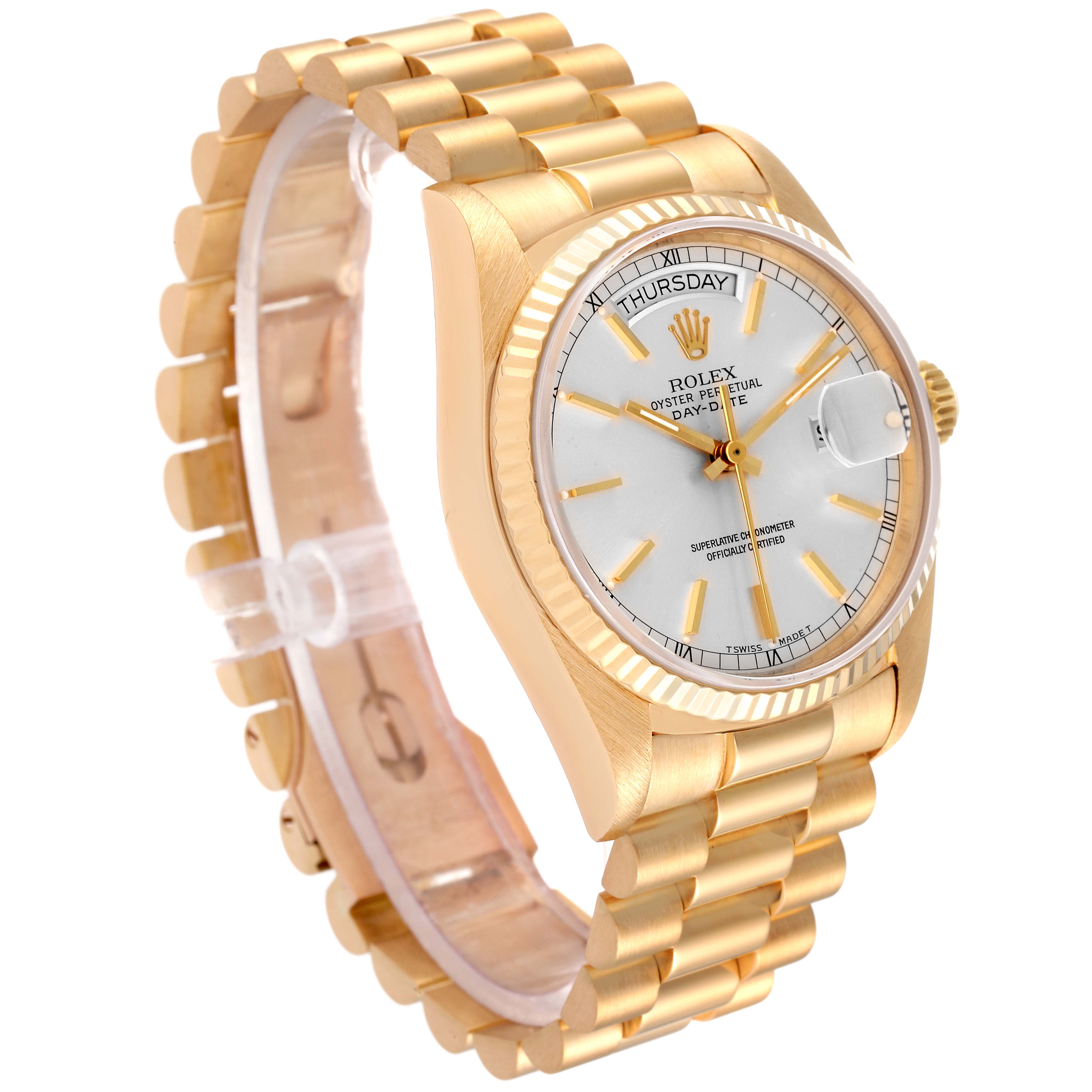 The image shows a side angle of the Rolex President 18038 Men's Yellow Gold Silver Dial 18038 Men's Yellow Gold Silver Dial model watch, highlighting its gold bracelet and detailed face.