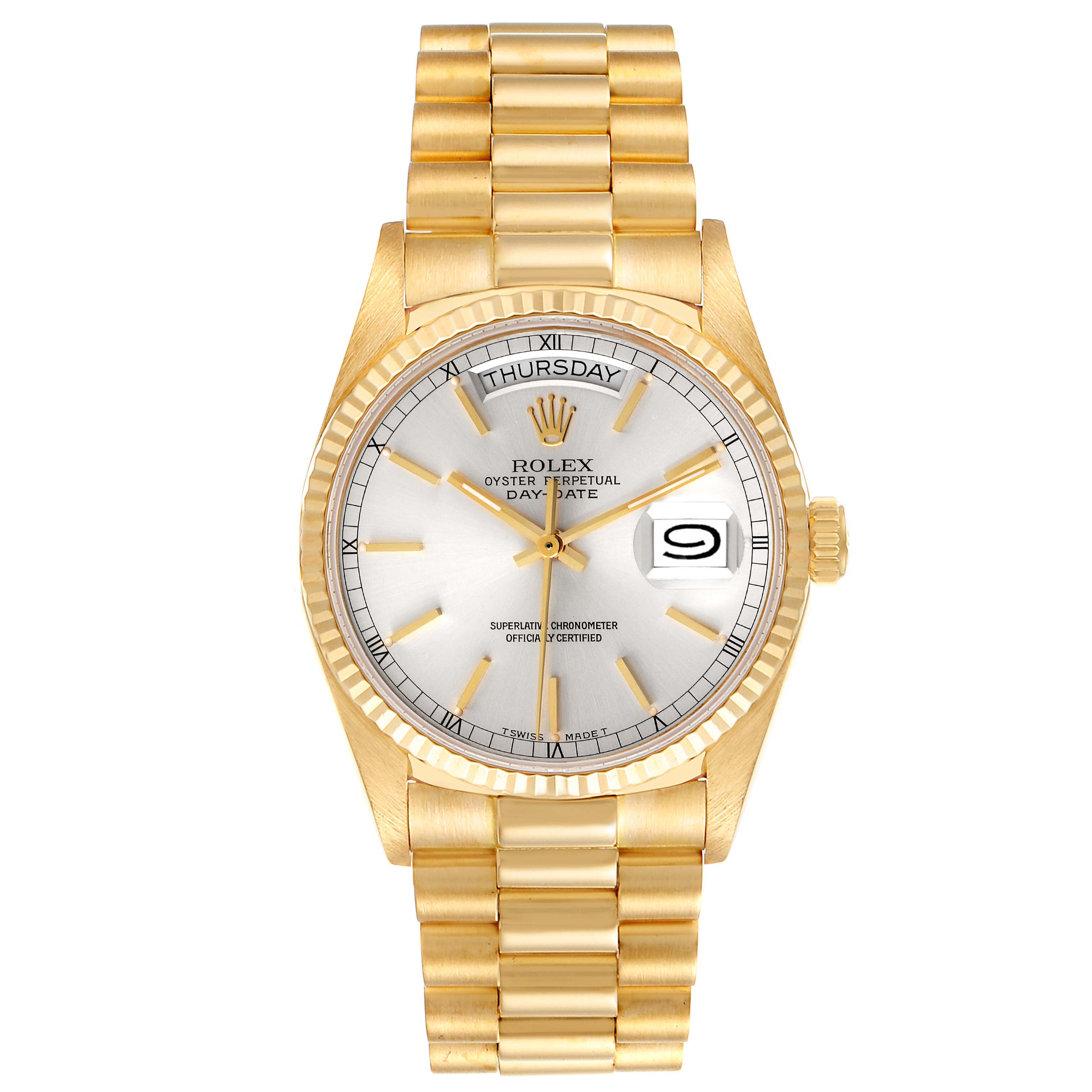 The image shows a front view of a Rolex President 18038 Men's Yellow Gold Silver Dial 18038 Men's Yellow Gold Silver Dial model watch, featuring its face, bezel, and bracelet.