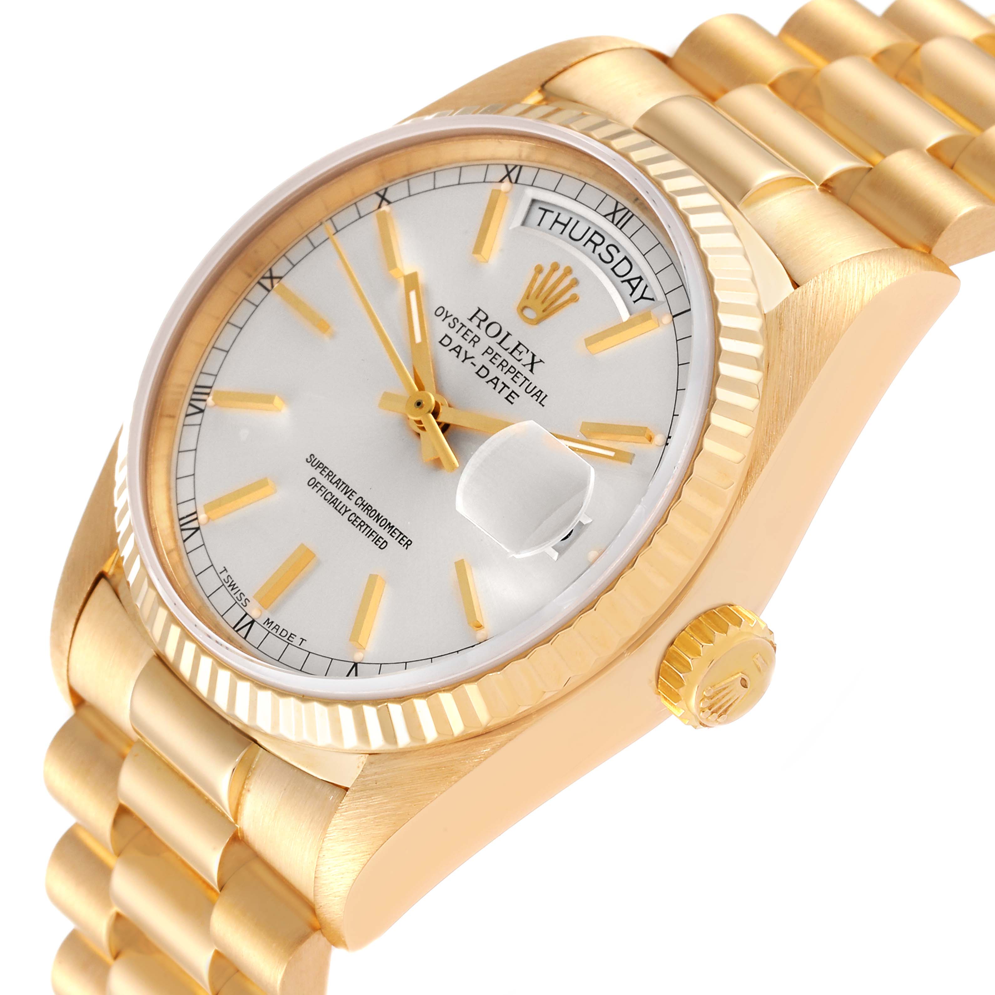 The image shows a close-up view of the Rolex President 18038 Men's Yellow Gold Silver Dial 18038 Men's Yellow Gold Silver Dial model watch, highlighting the dial, bezel, crown, and part of the bracelet.