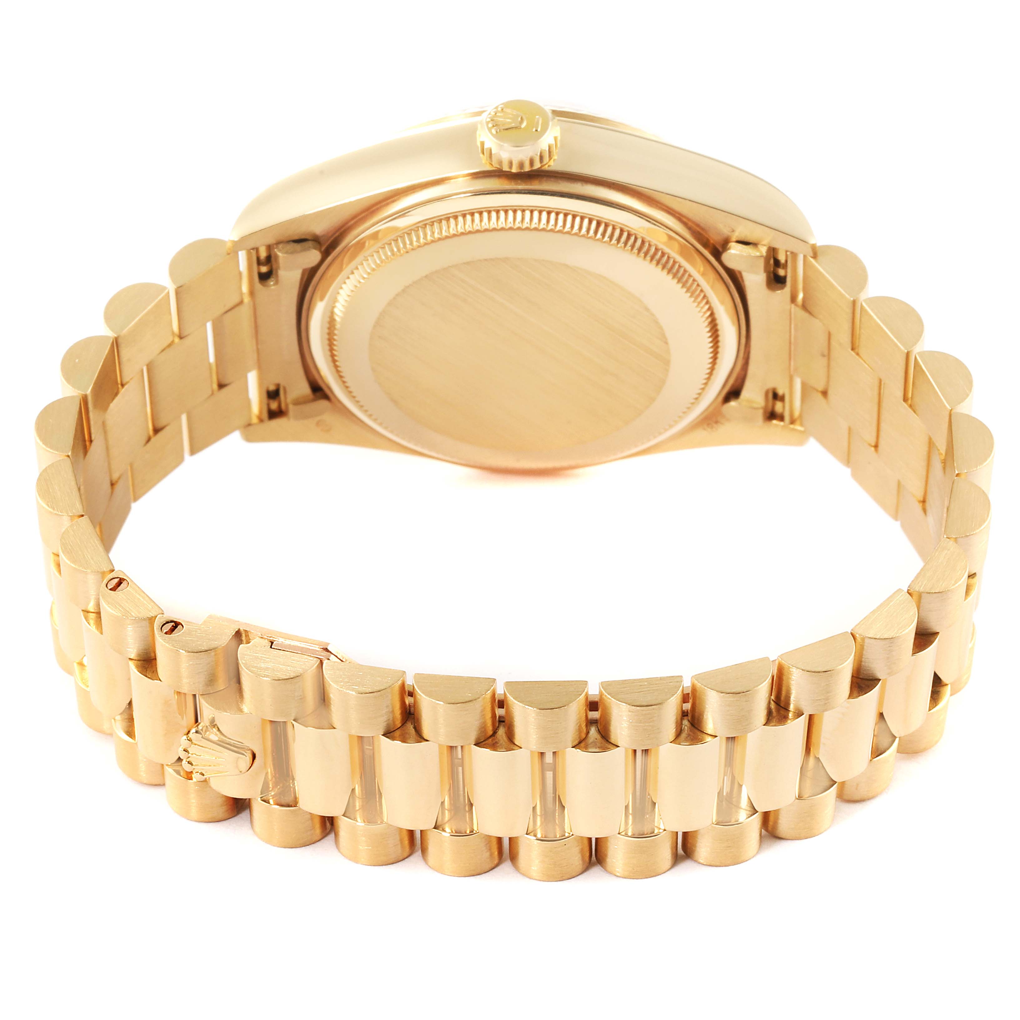 The image shows the back case and bracelet of a Rolex President 18038 Men's Yellow Gold Silver Dial 18038 Men's Yellow Gold Silver Dial model watch.