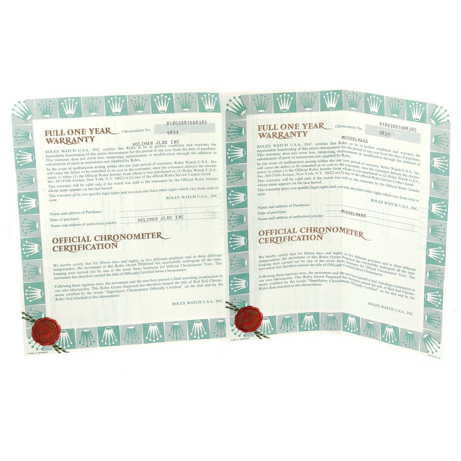 The image shows the full one-year warranty and official chronometer certification paperwork for a Rolex President 18038 Men's Yellow Gold Silver Dial 18038 Men's Yellow Gold Silver Dial model.