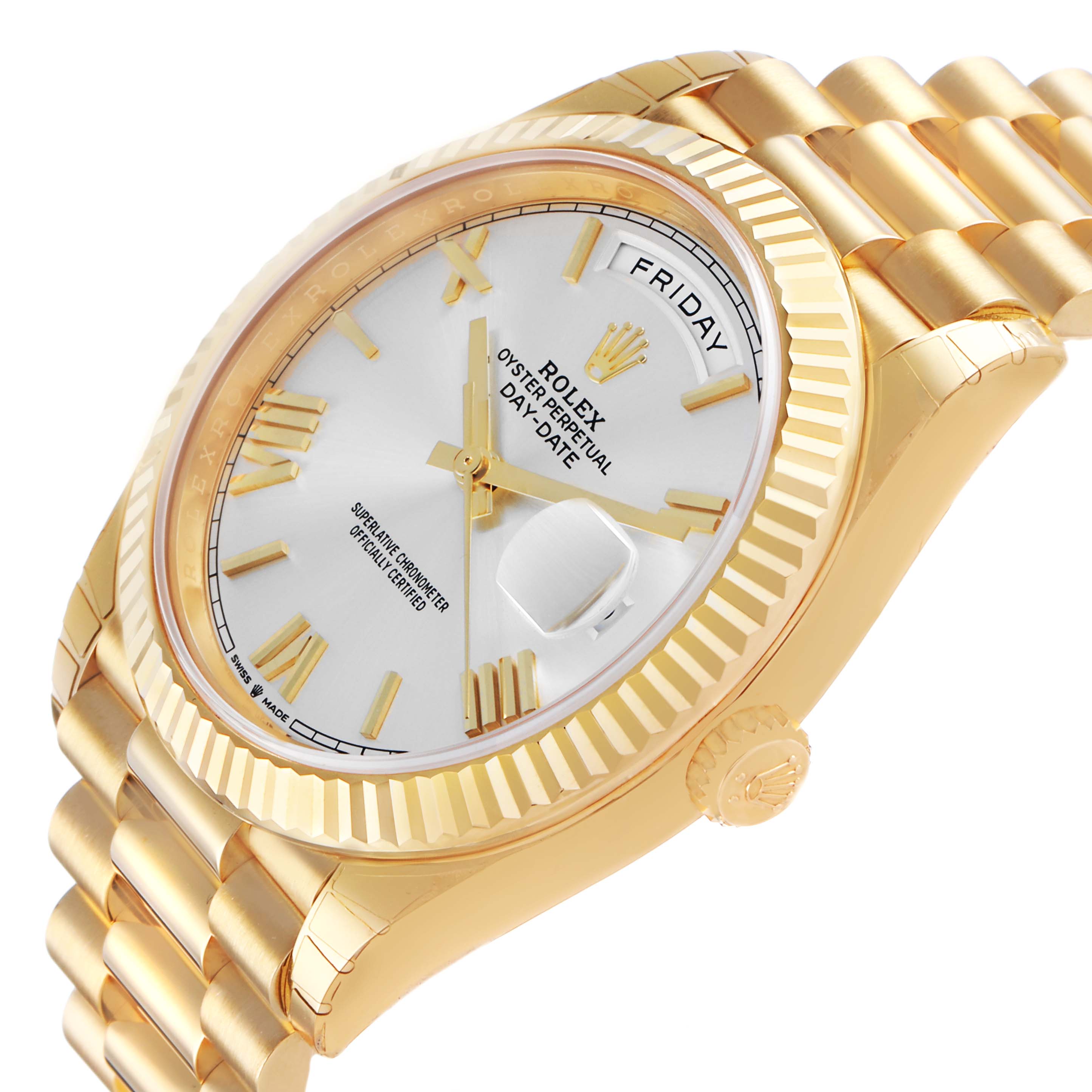 The Rolex President 228238 Men's Yellow Gold Silver Dial model is shown at a tilted angle, displaying the gold bracelet, fluted bezel, dial with day and date indicators.