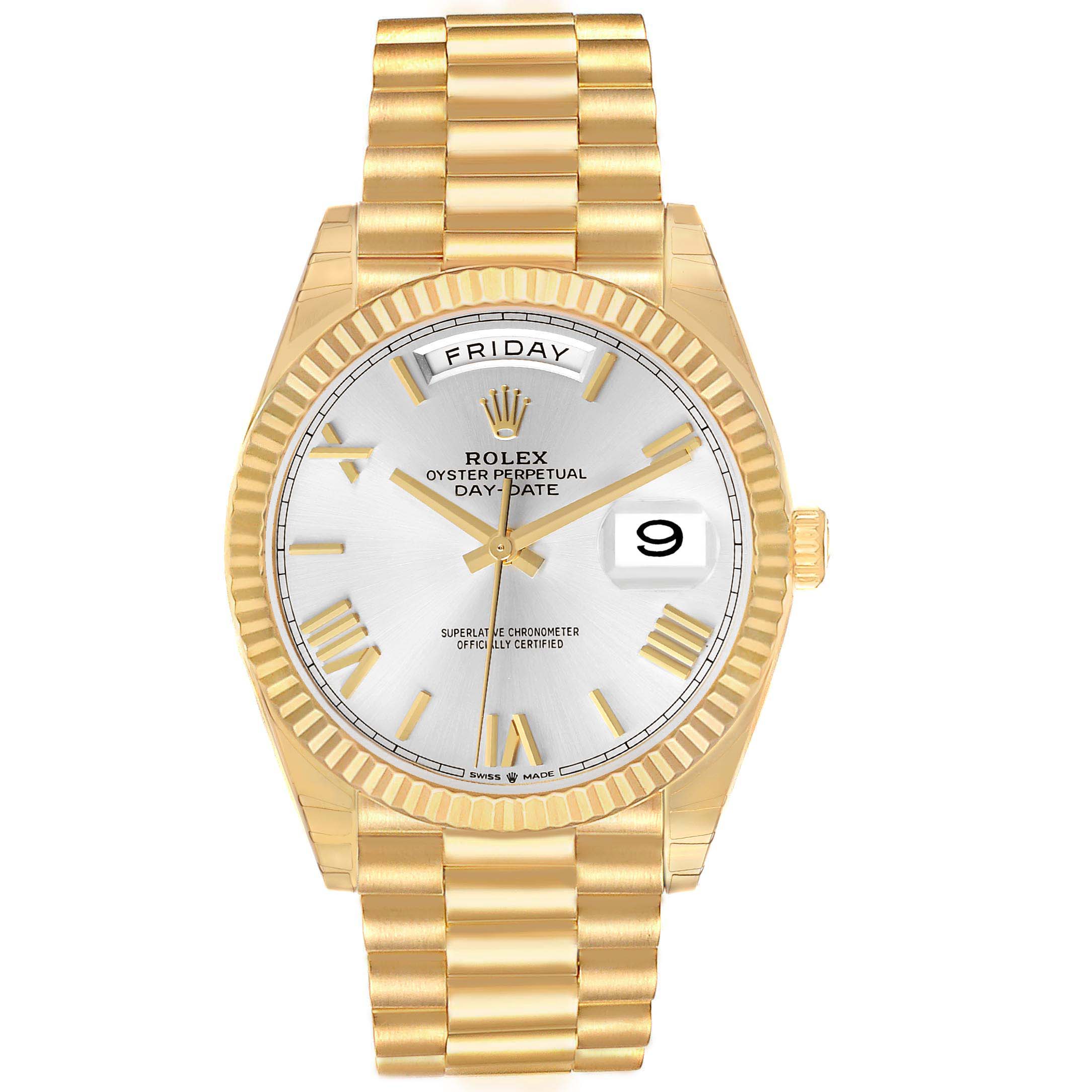 The Rolex President 228238 Men's Yellow Gold Silver Dial watch is shown from the front, displaying its gold case, dial, and bracelet with visible day and date features.