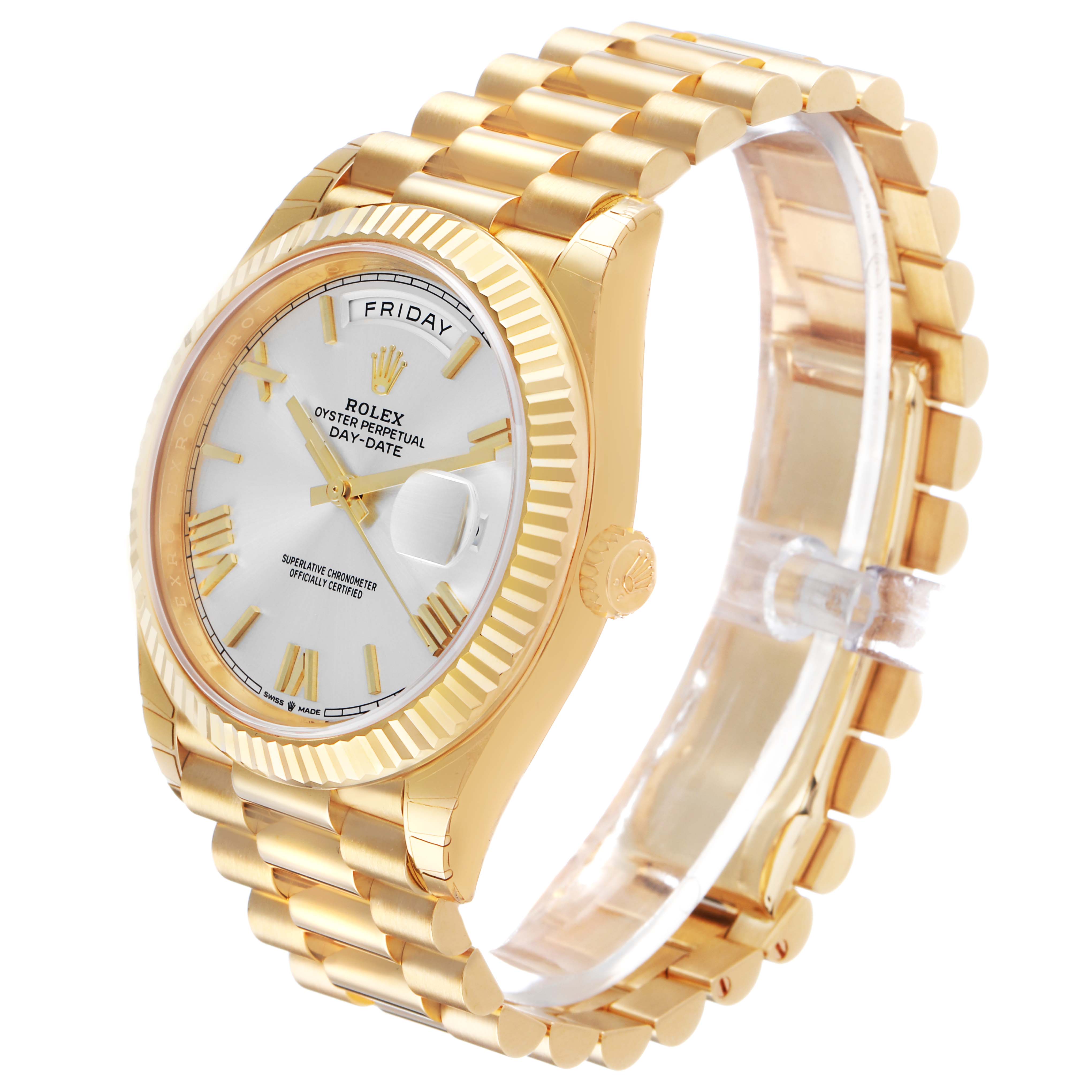 The Rolex President 228238 Men's Yellow Gold Silver Dial model watch is shown at a slightly angled side view, displaying the dial, bracelet, and crown.
