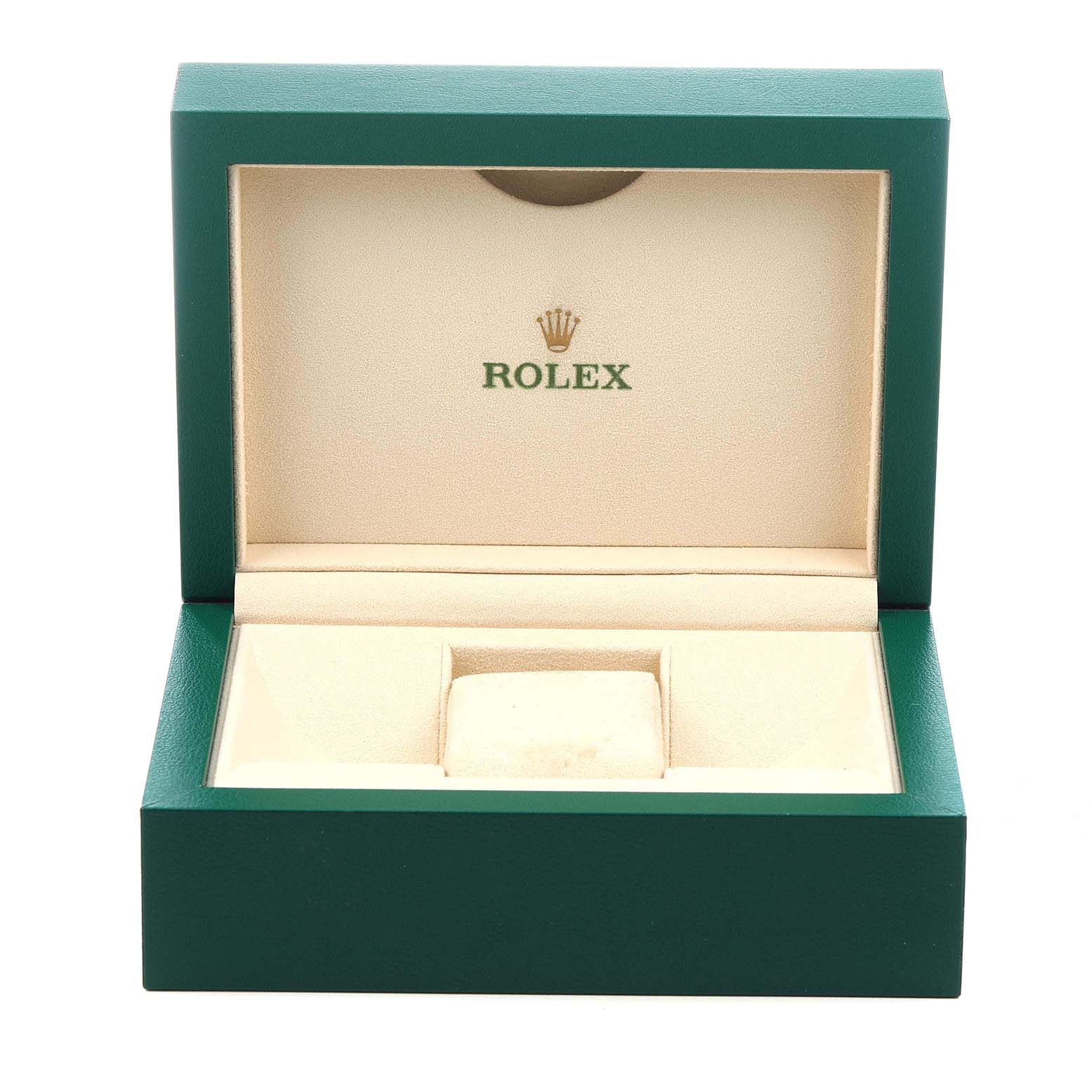 The image shows an open green and beige Rolex watch box, likely for the President model, with no watch inside.