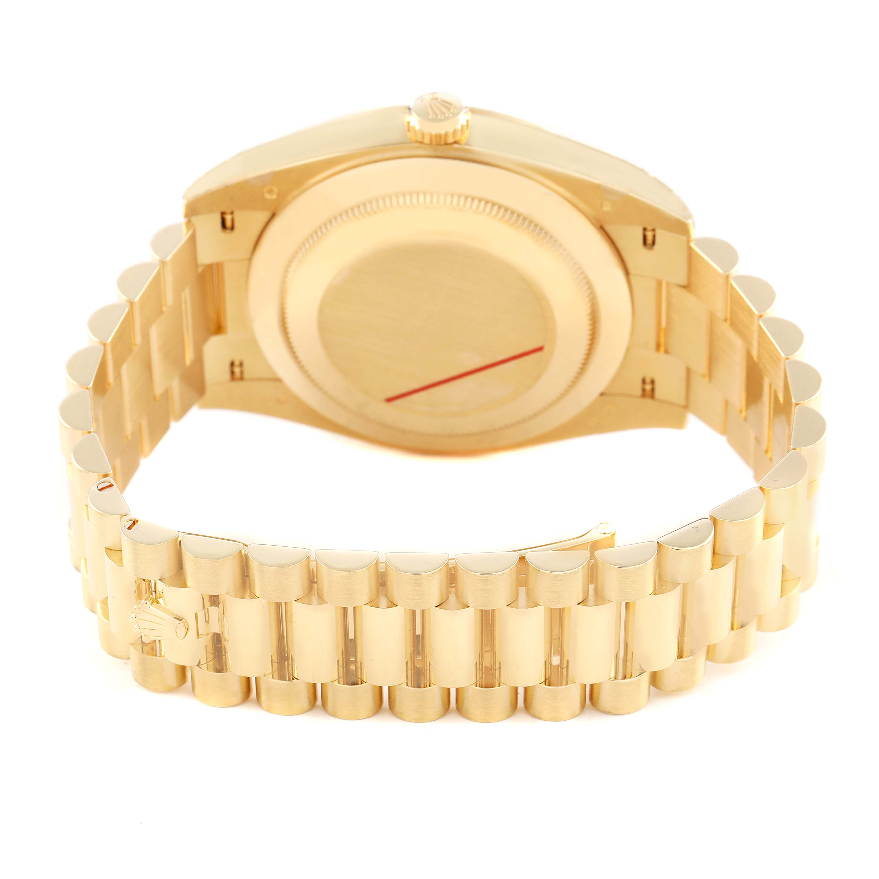 The image shows the backside of the Rolex President 228238 Men's Yellow Gold Silver Dial watch, highlighting the case back and bracelet.