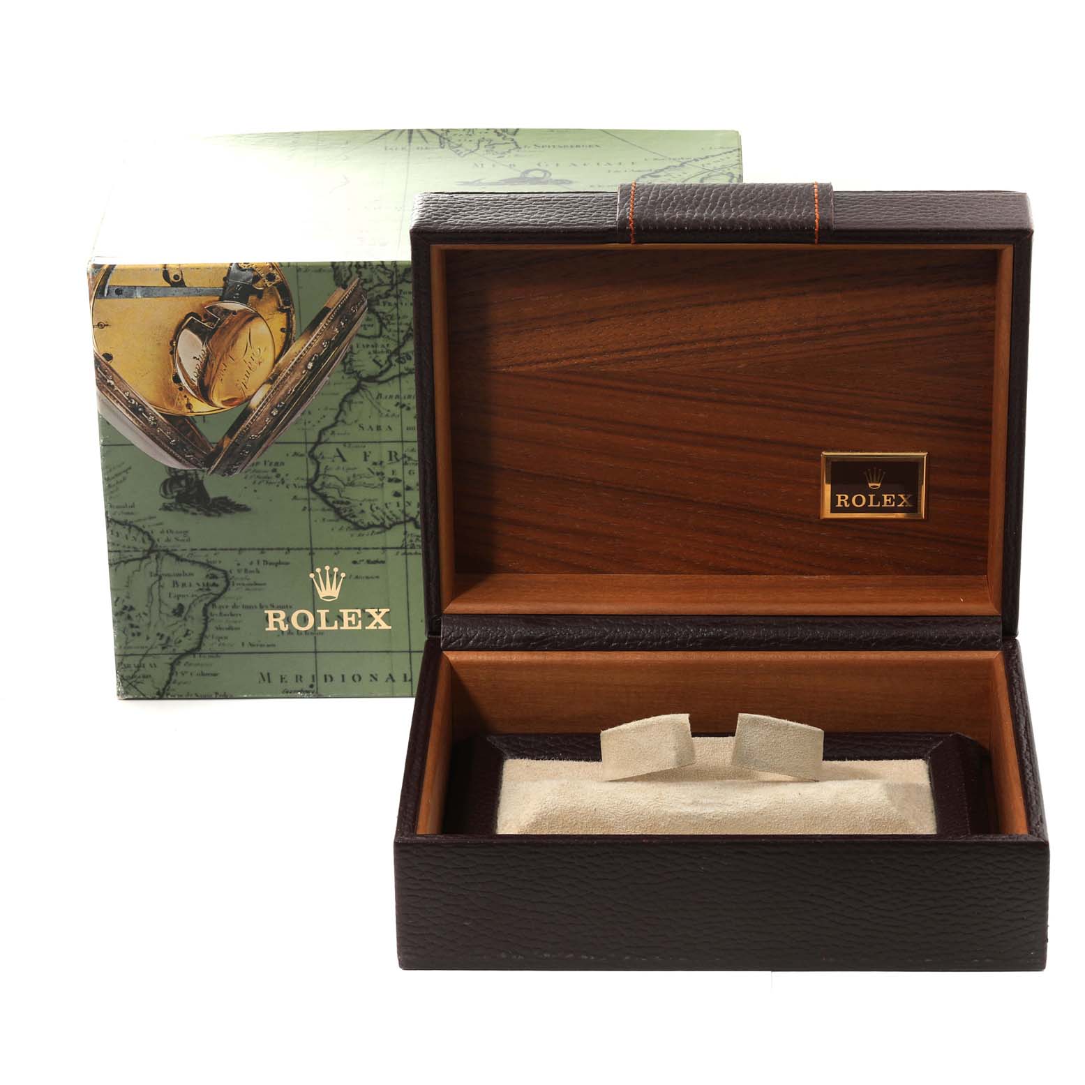 The image shows an open Rolex watch box for the President model along with its outer packaging.
