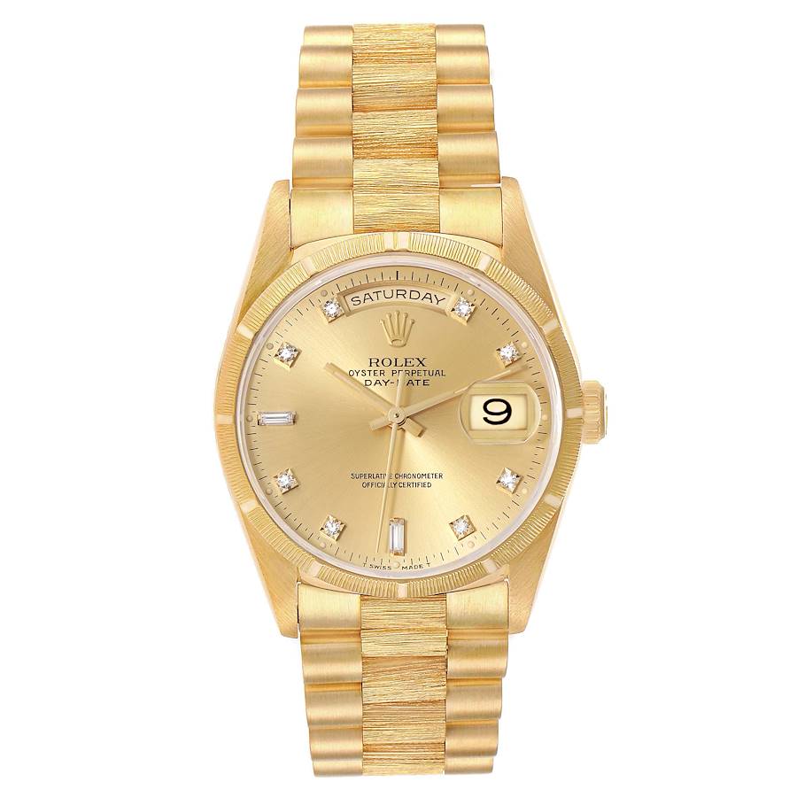 Rolex President Day-Date Yellow Gold Bark Diamond Mens Watch 18248 SwissWatchExpo
