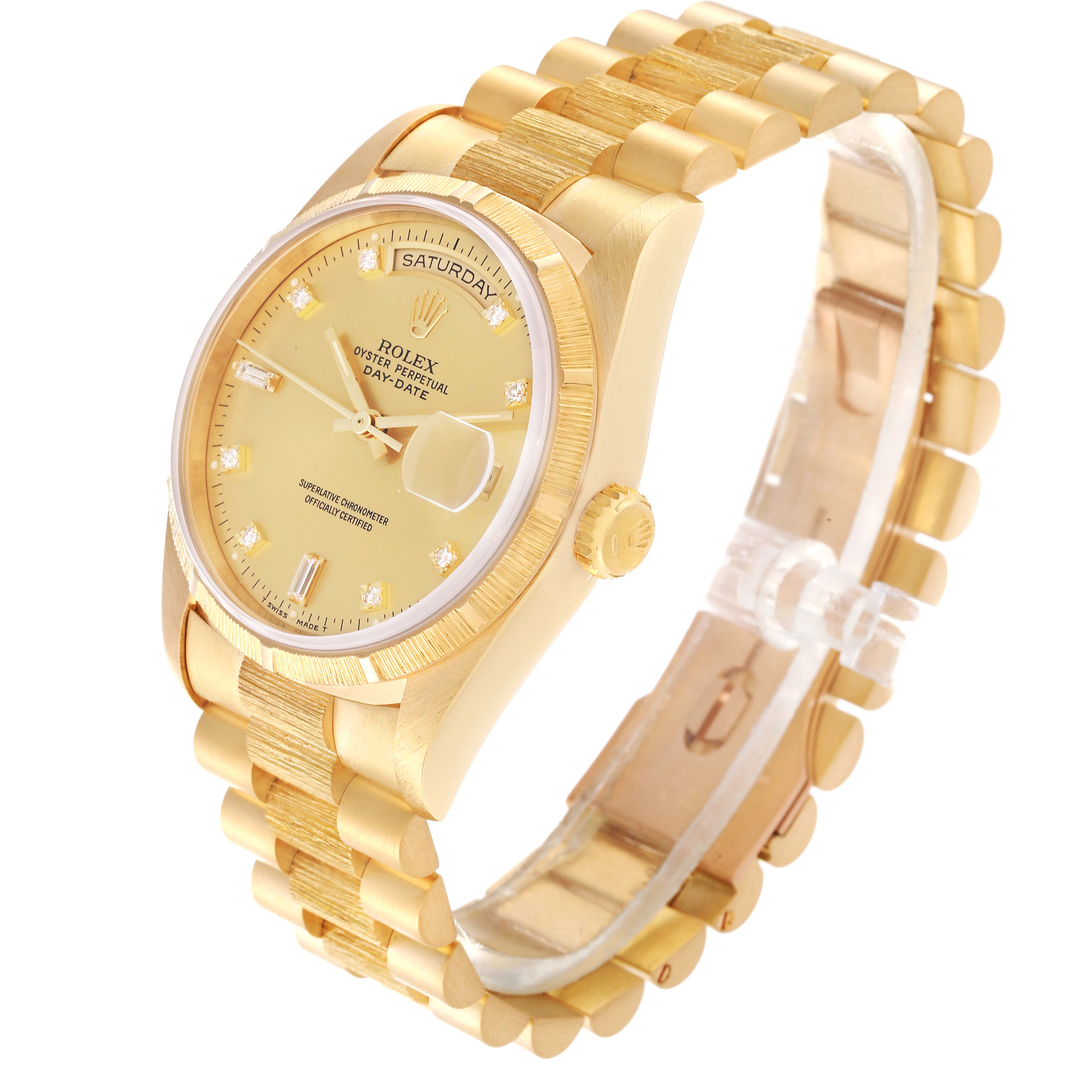 The Rolex President 18248 Men
s Yellow Gold Champagne Dial 18248 Men
s Yellow Gold Champagne Dial model is shown at an angled view, highlighting its dial, bezel, bracelet, and crown.