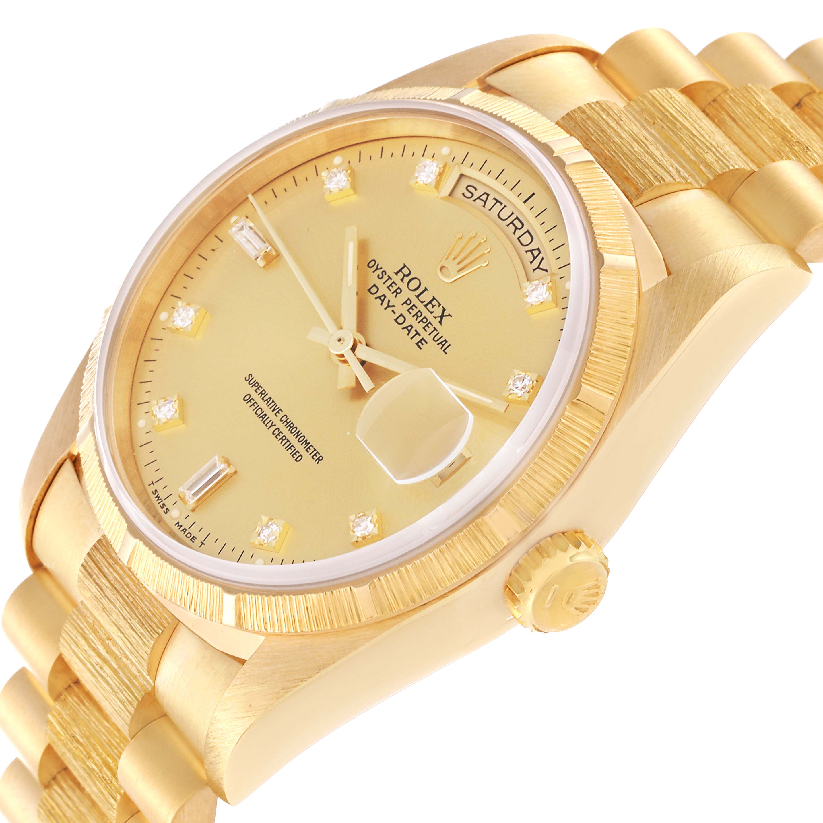 The Rolex President 18248 Men
s Yellow Gold Champagne Dial 18248 Men
s Yellow Gold Champagne Dial model watch is shown at an angle highlighting the dial, bezel, crown, and part of the bracelet.