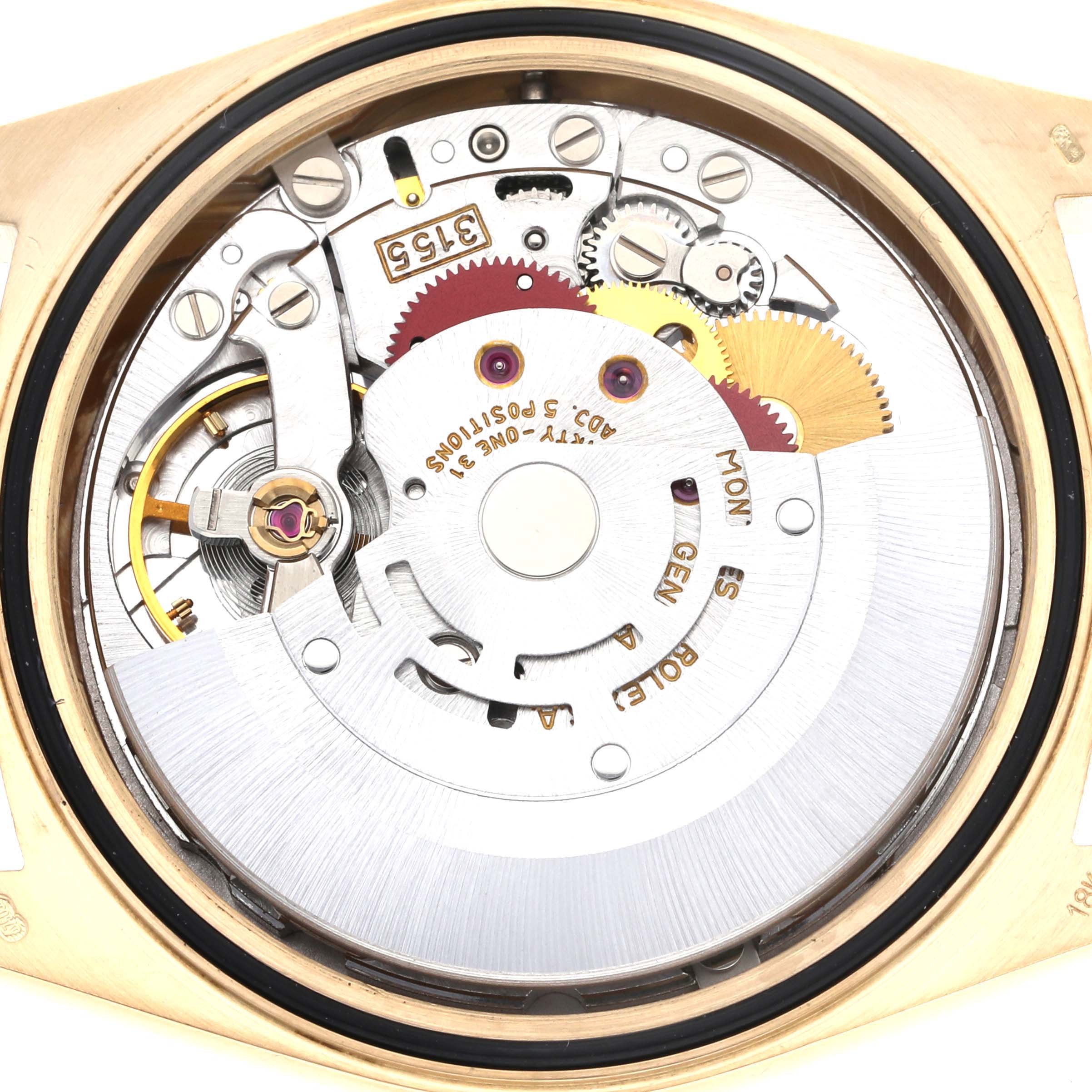 The image shows the internal mechanism of a Rolex President 18248 Men
s Yellow Gold Champagne Dial 18248 Men
s Yellow Gold Champagne Dial model watch, viewed from the back with the case removed.